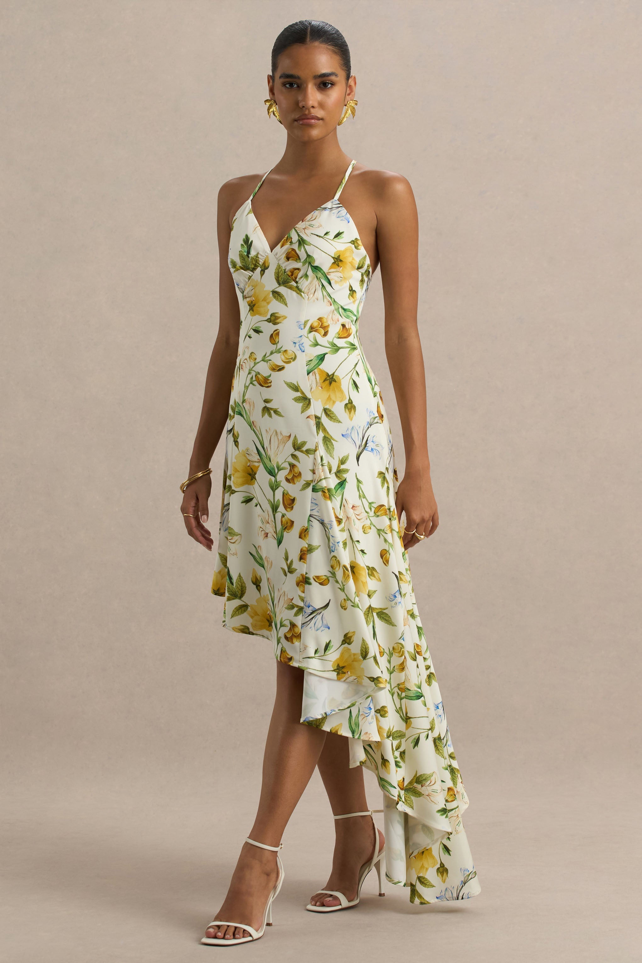 Glint | Lemon Floral Print Satin Plunge-Neck Maxi Dress With Asymmetric Hem