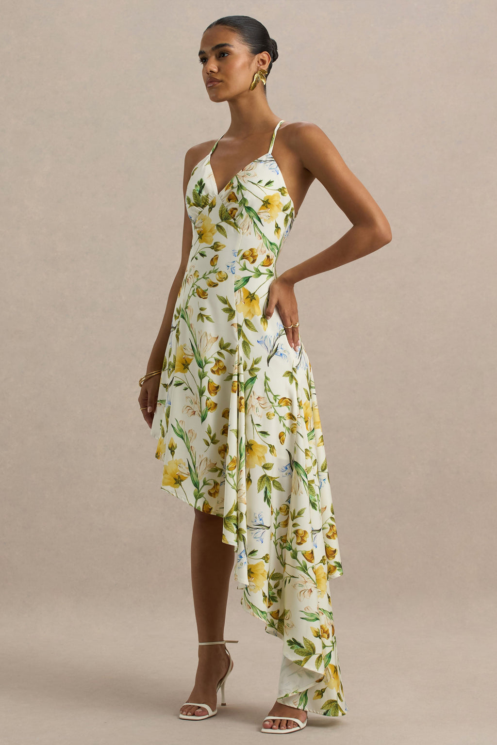 Glint | Lemon Floral Print Satin Plunge-Neck Maxi Dress With Asymmetric Hem