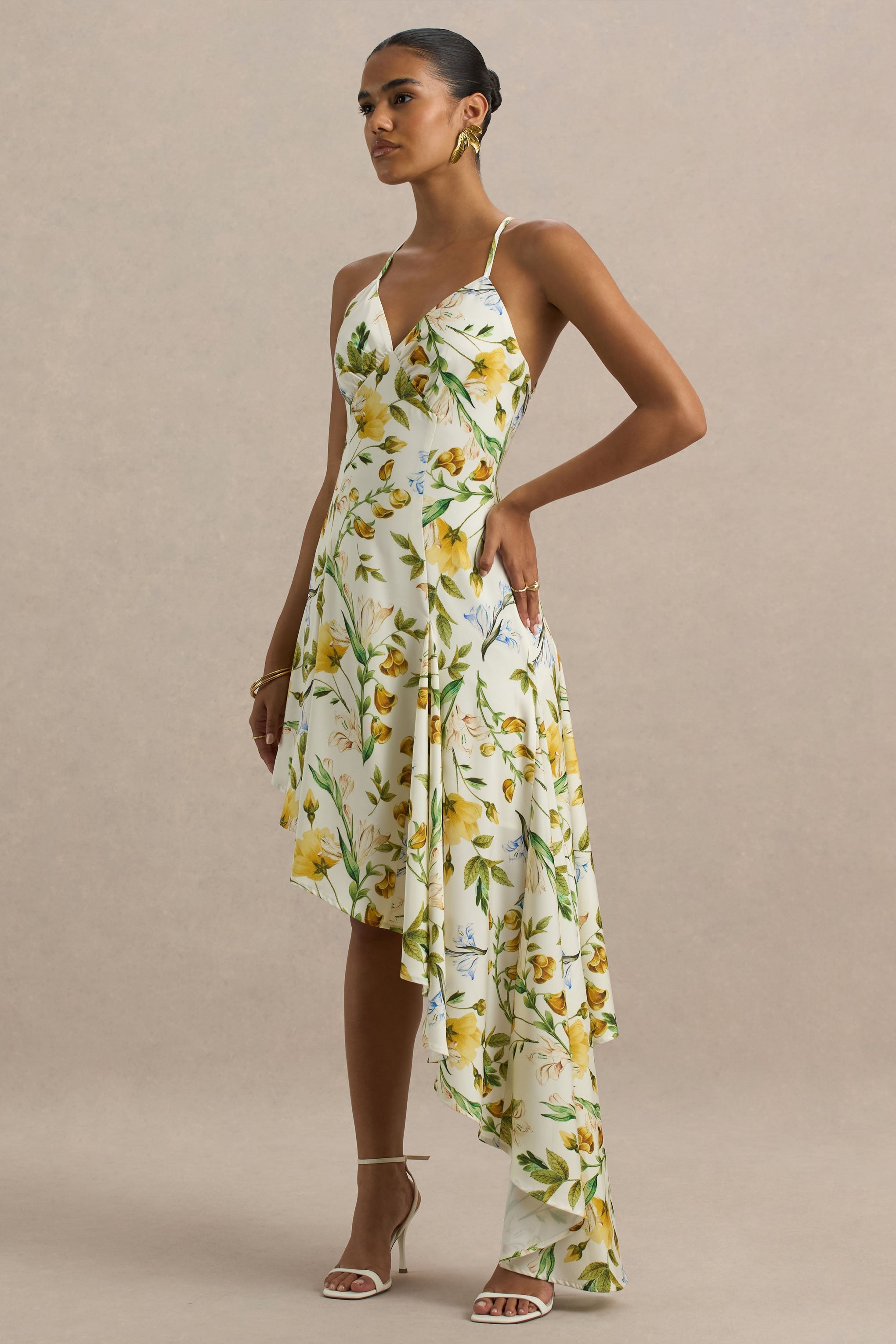 Glint | Lemon Floral Print Satin Plunge-Neck Maxi Dress With Asymmetric Hem