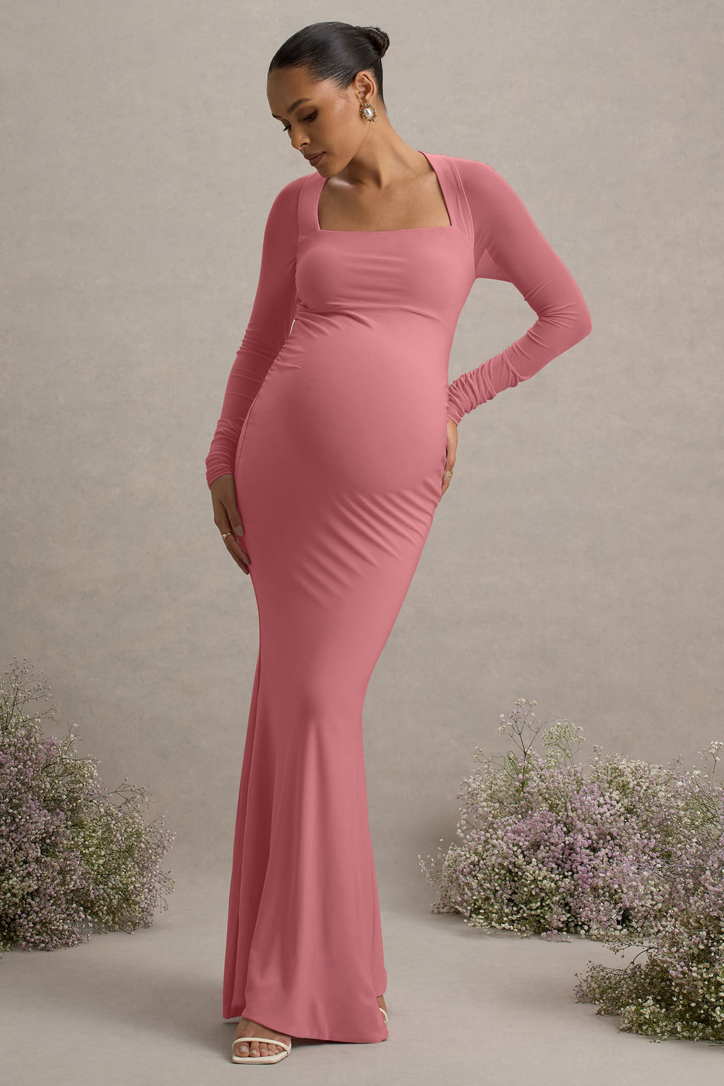 Abeam | Blush Pink Maternity Maxi Dress With Sheer Sleeves