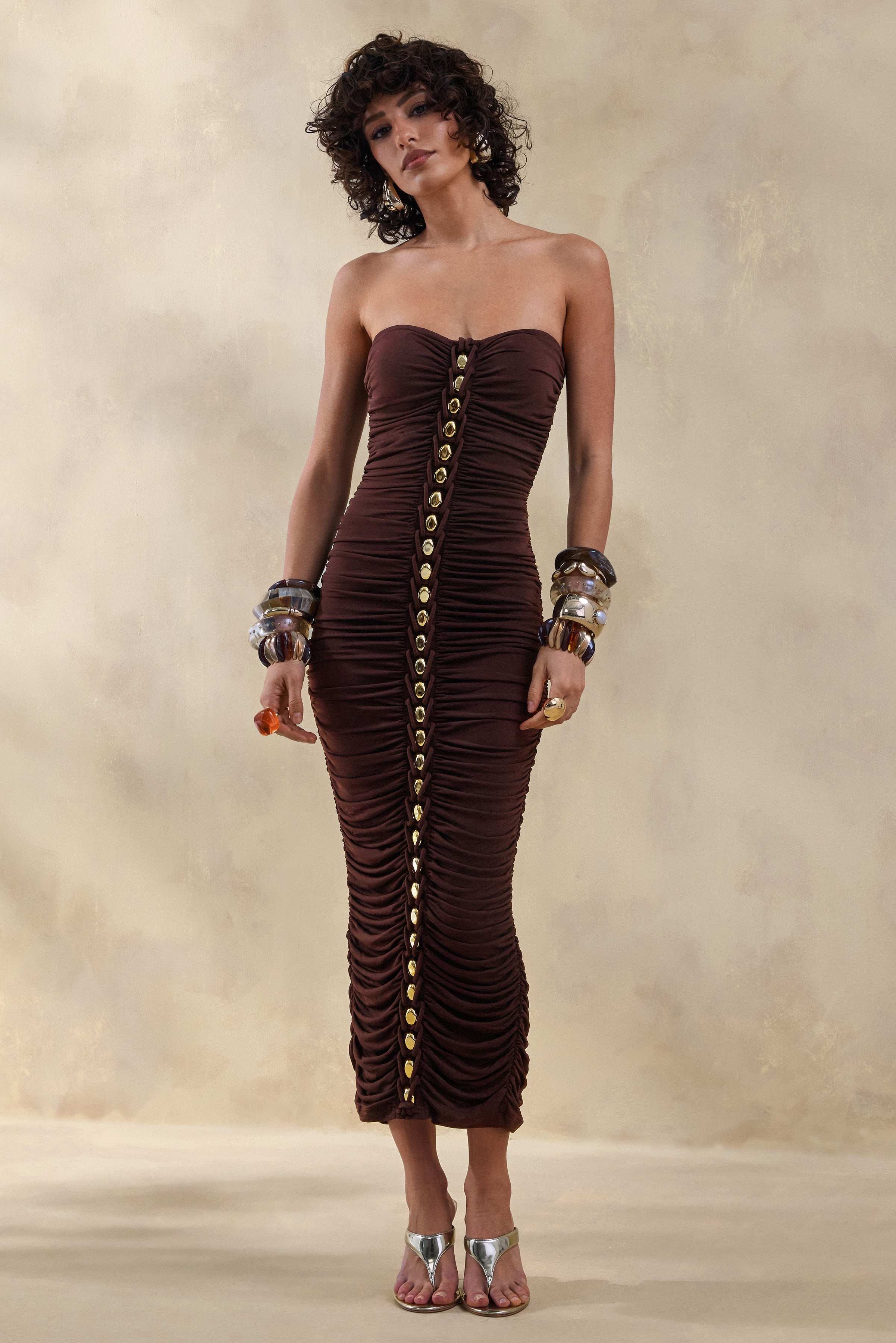 Spontaneity | Brown Bandeau Ruched Midi Dress
