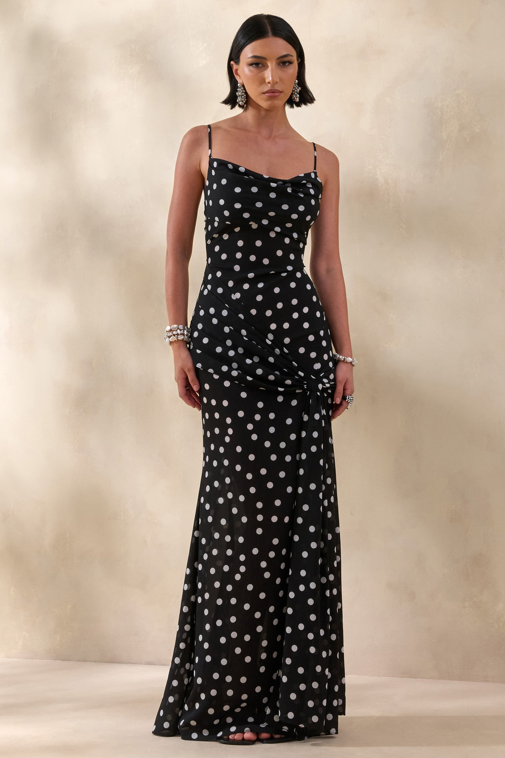 Virtue | Black & White Polka Dot Cowl-Neck Fishtail Maxi Dress With Split