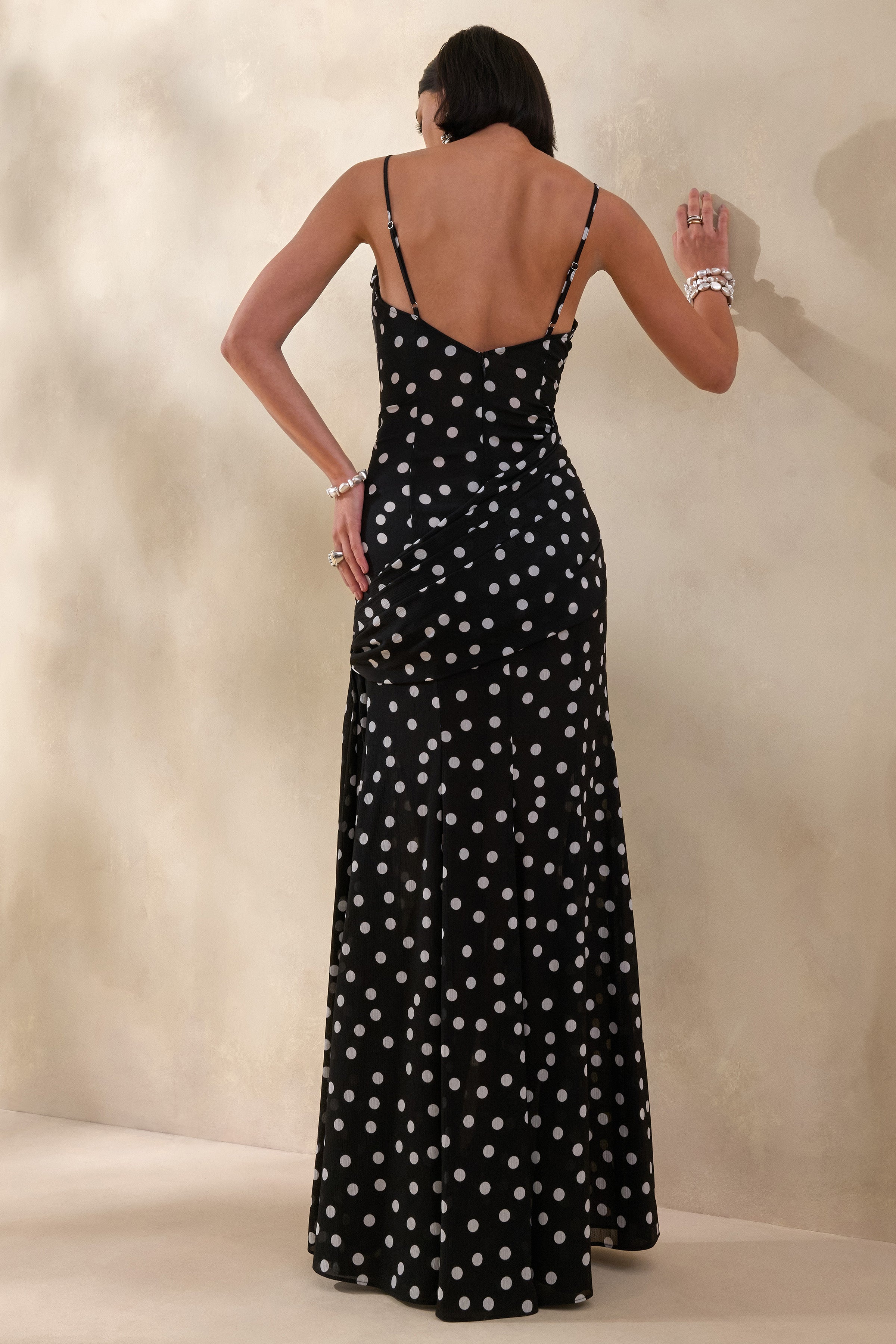 Virtue | Black & White Polka Dot Cowl-Neck Fishtail Maxi Dress With Split