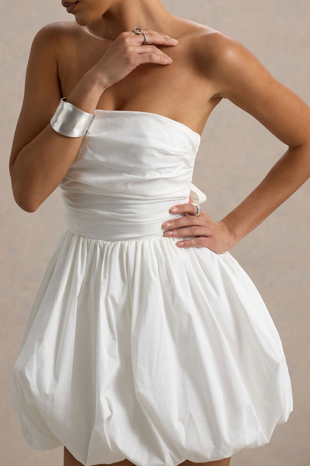 Faye | White Puff Ball Bandeau Micro Mini Dress With Ruching Details