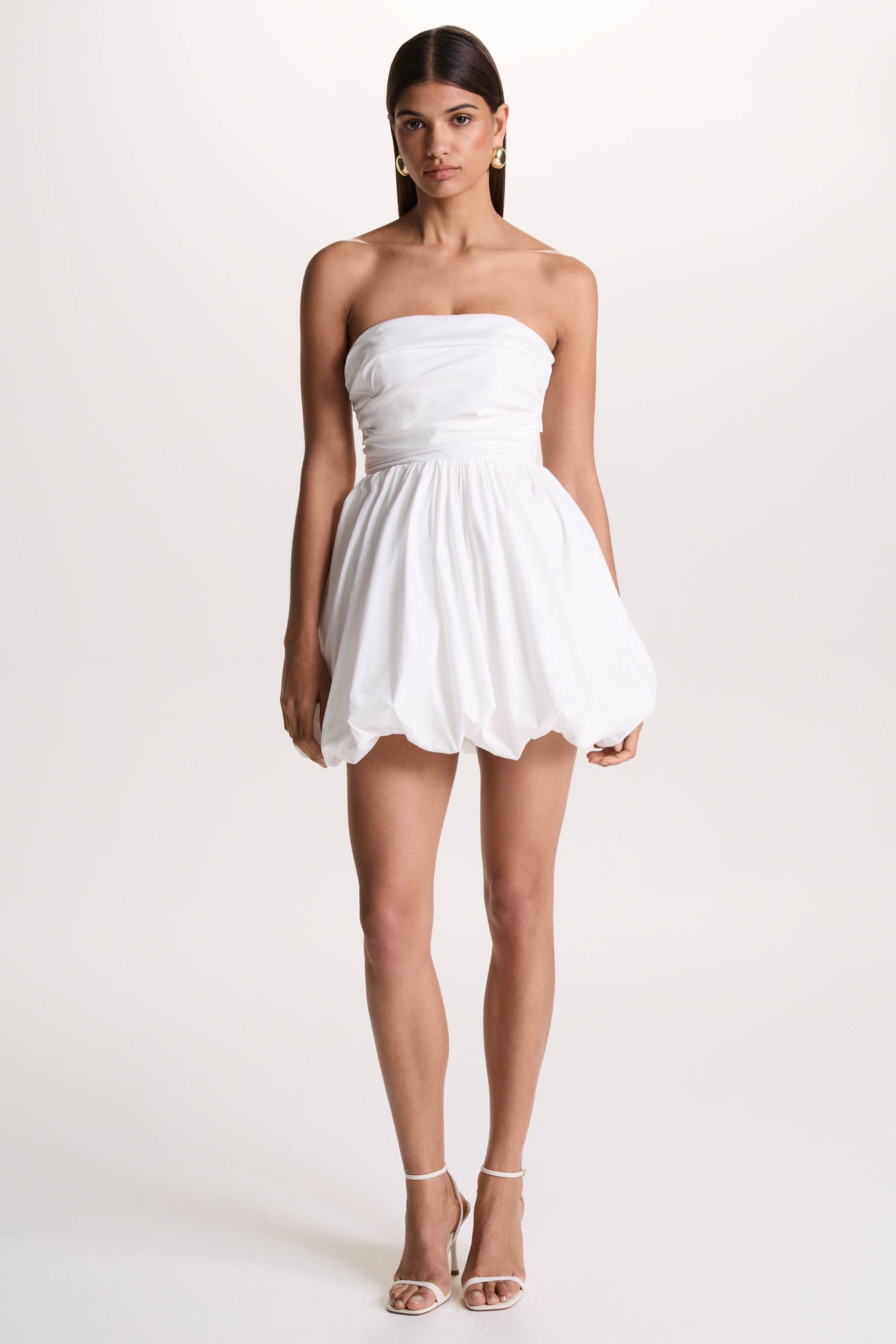 Faye | White Puff Ball Bandeau Micro Mini Dress With Ruching Details