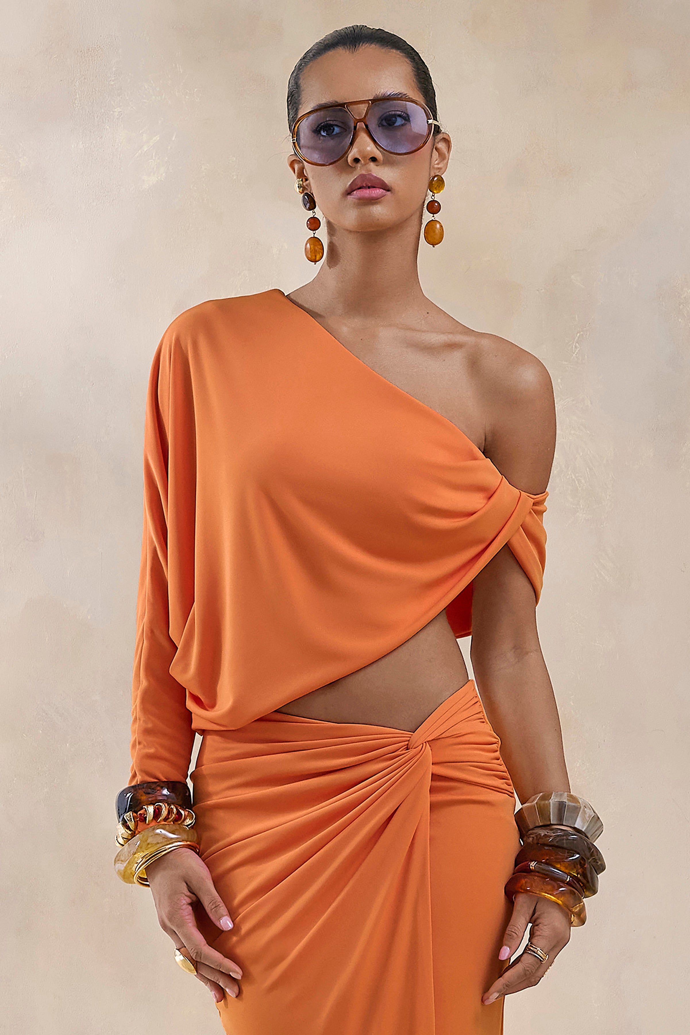 Dua | Orange Asymmetric One-Sleeve Draped Top