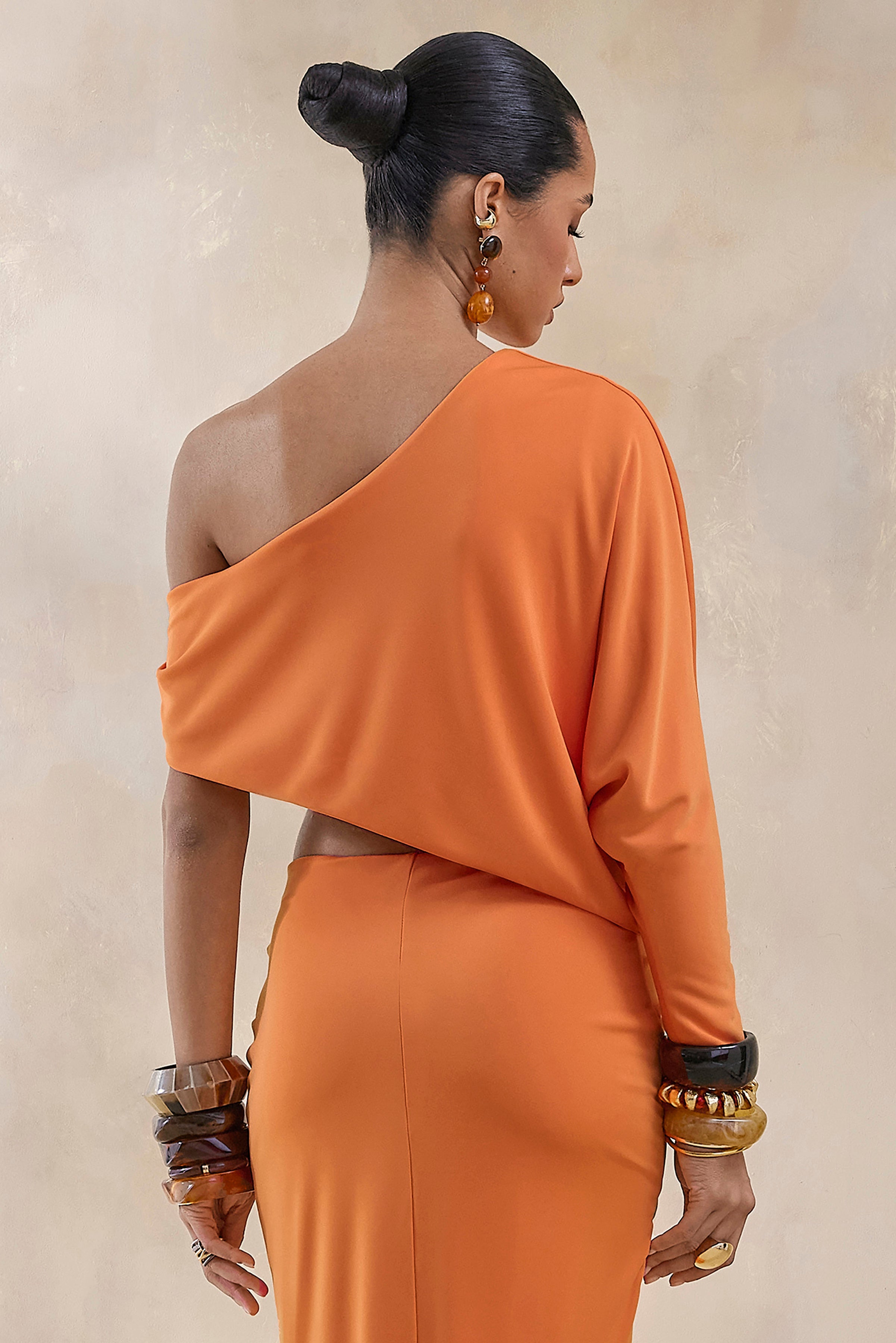 Dua | Orange Asymmetric One-Sleeve Draped Top