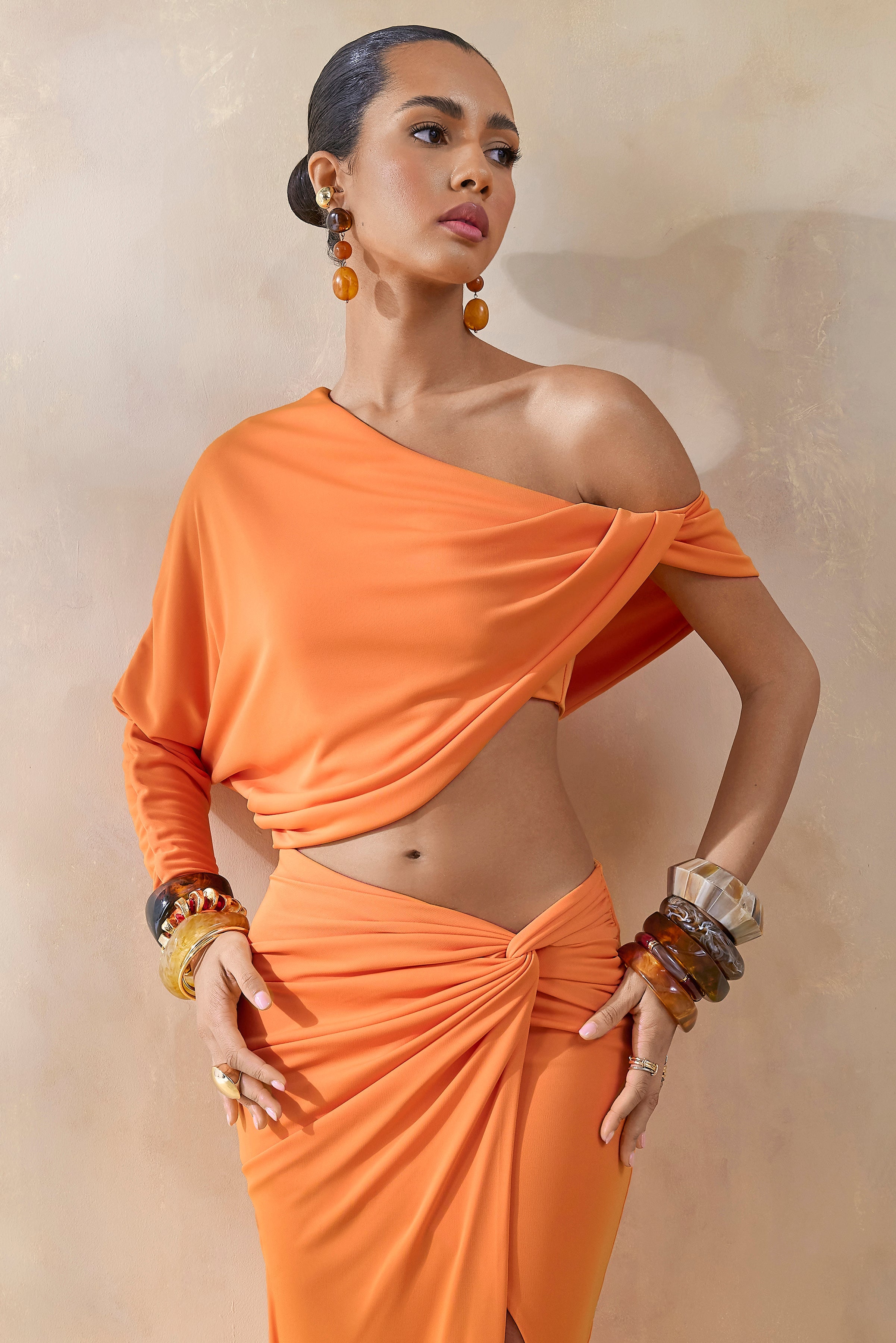 Dua | Orange Asymmetric One-Sleeve Draped Top
