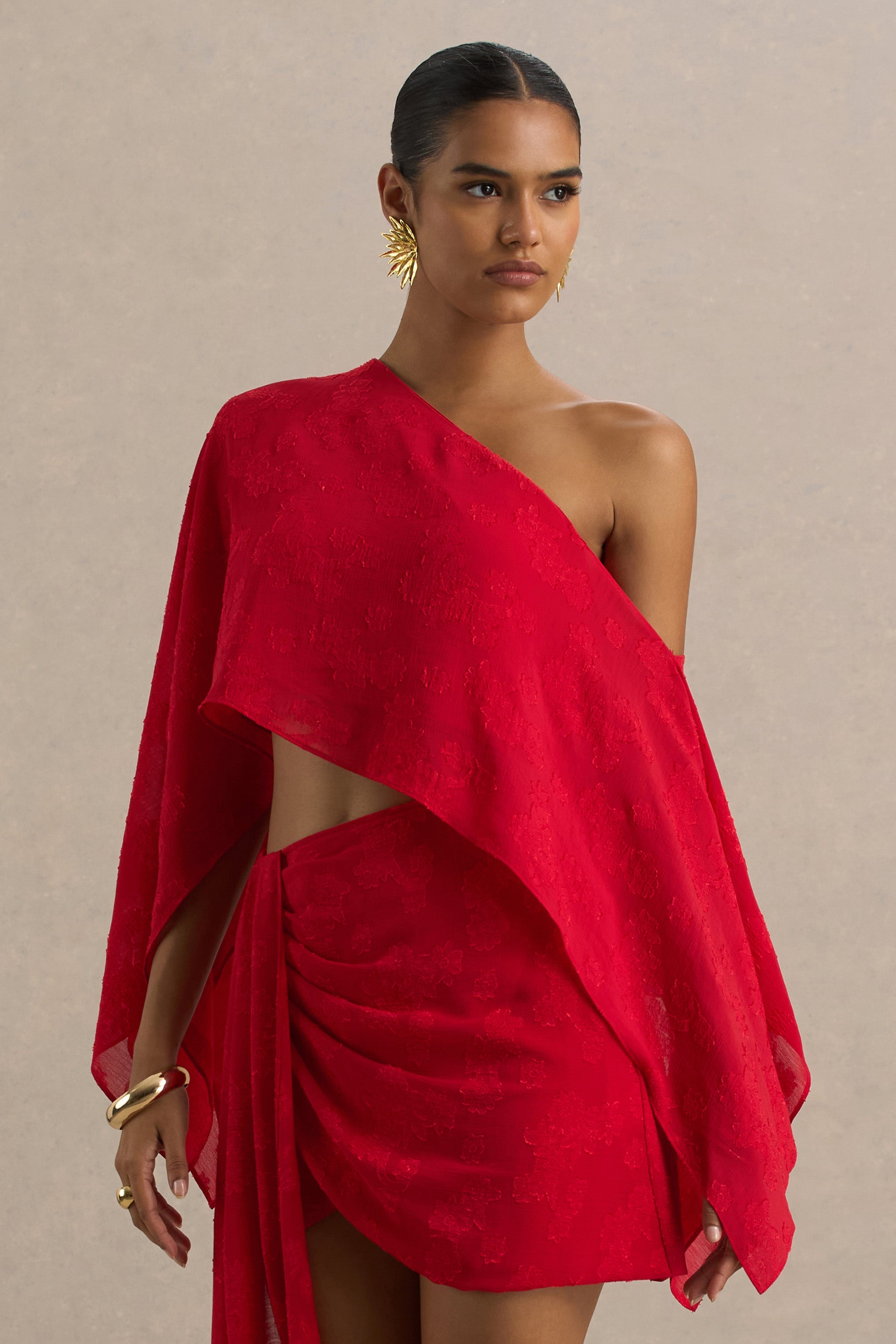 Aruba | Red Satin Devore Asymmetric Long-Sleeve Crop Top