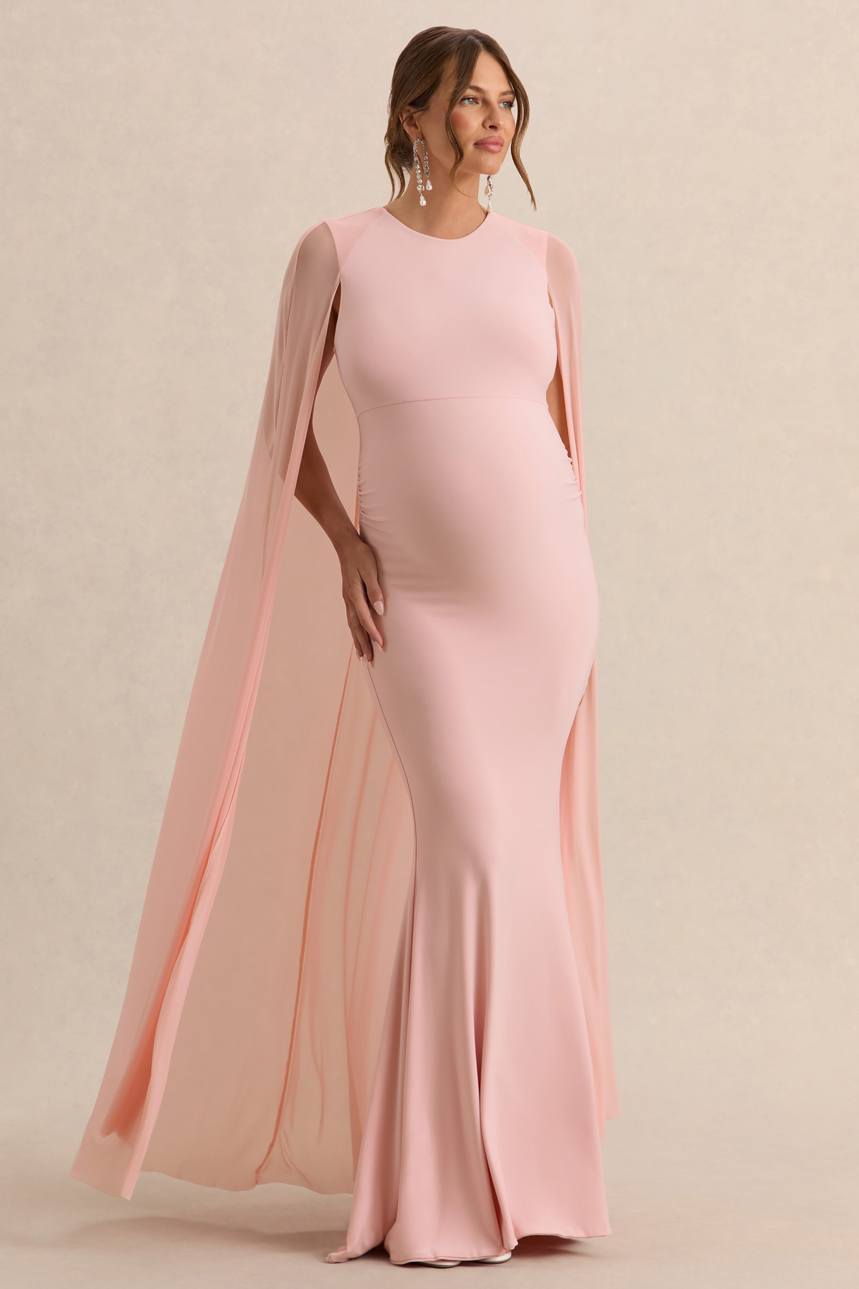 Currant | Pink Crew-Neck Maternity Maxi Dress With Cape