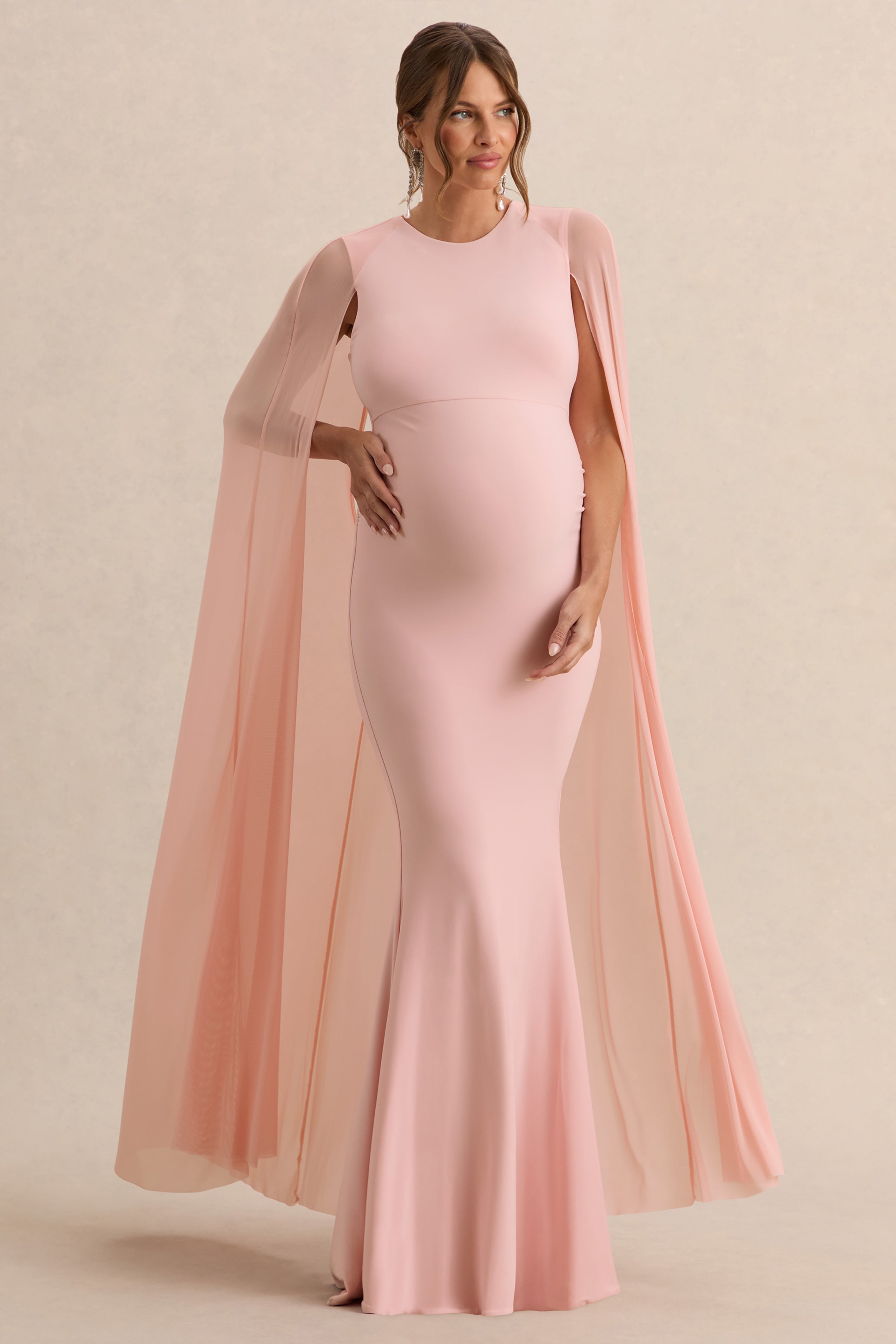 Currant | Pink Crew-Neck Maternity Maxi Dress With Cape