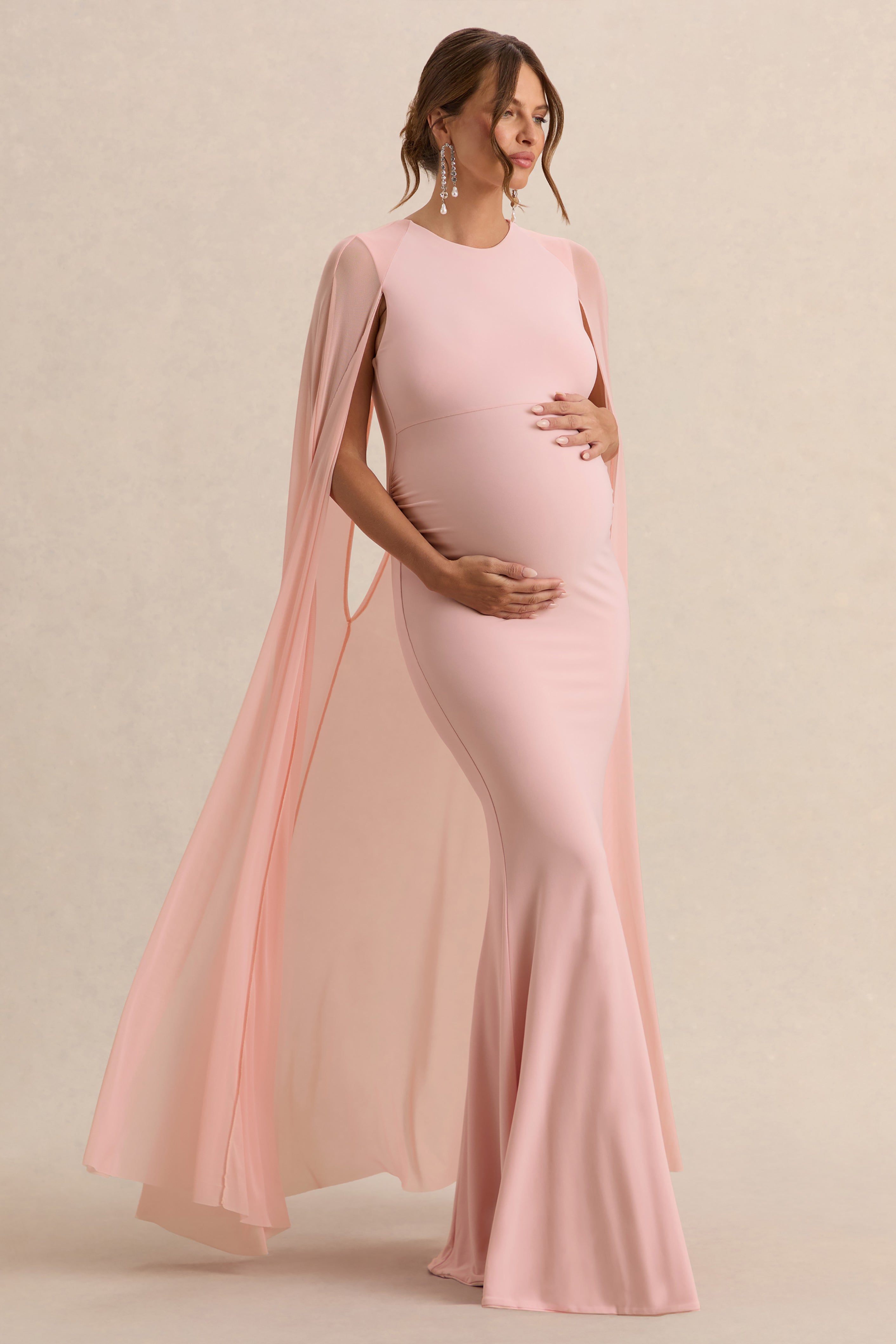 Currant | Pink Crew-Neck Maternity Maxi Dress With Cape