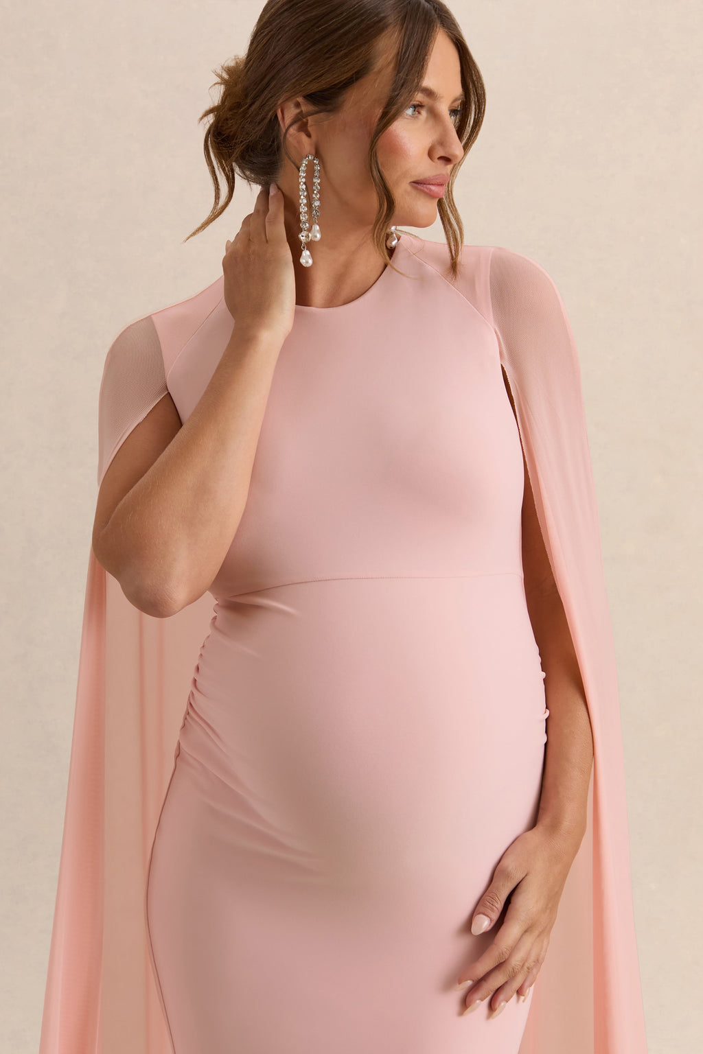 Currant | Pink Crew-Neck Maternity Maxi Dress With Cape
