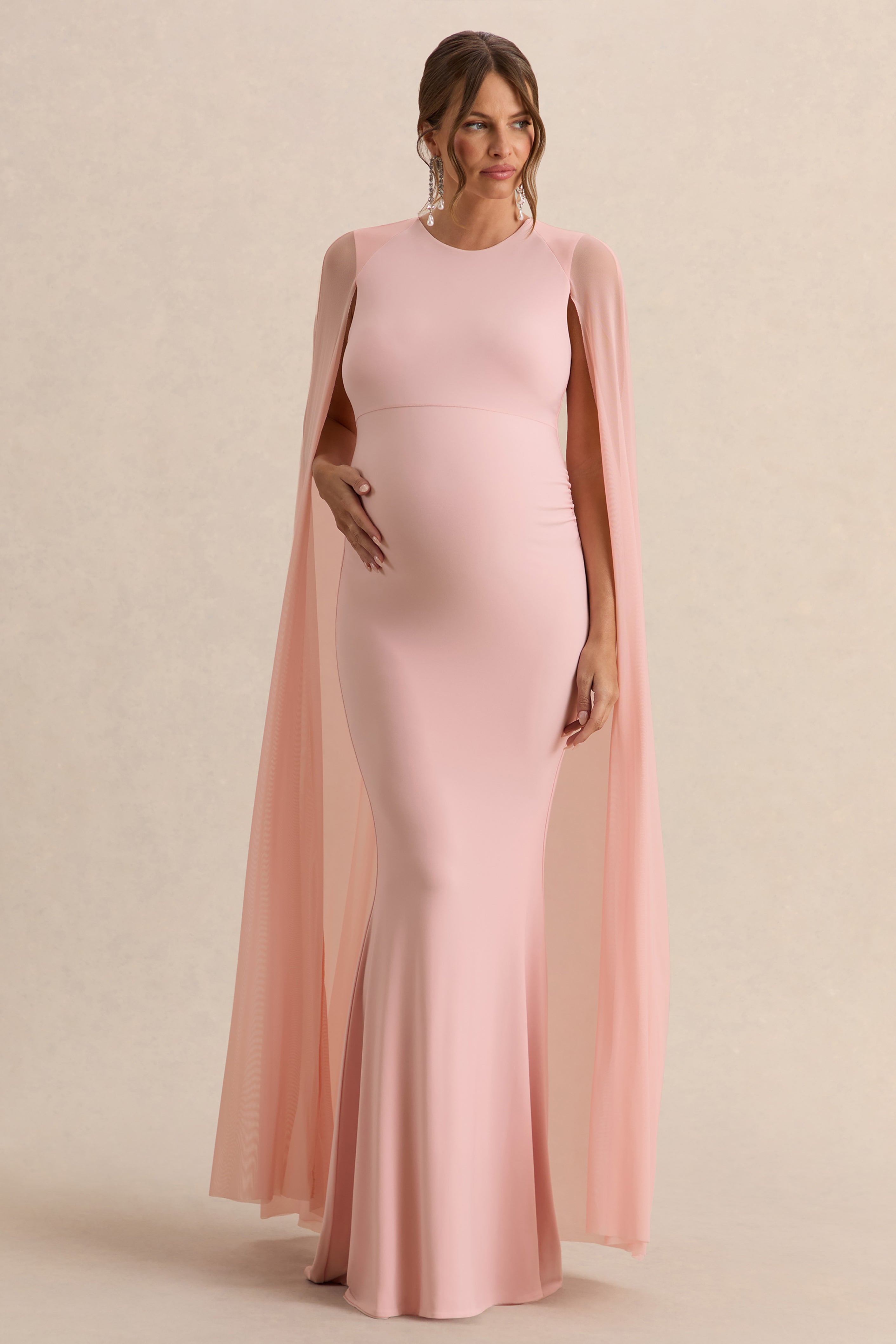 Currant | Pink Crew-Neck Maternity Maxi Dress With Cape