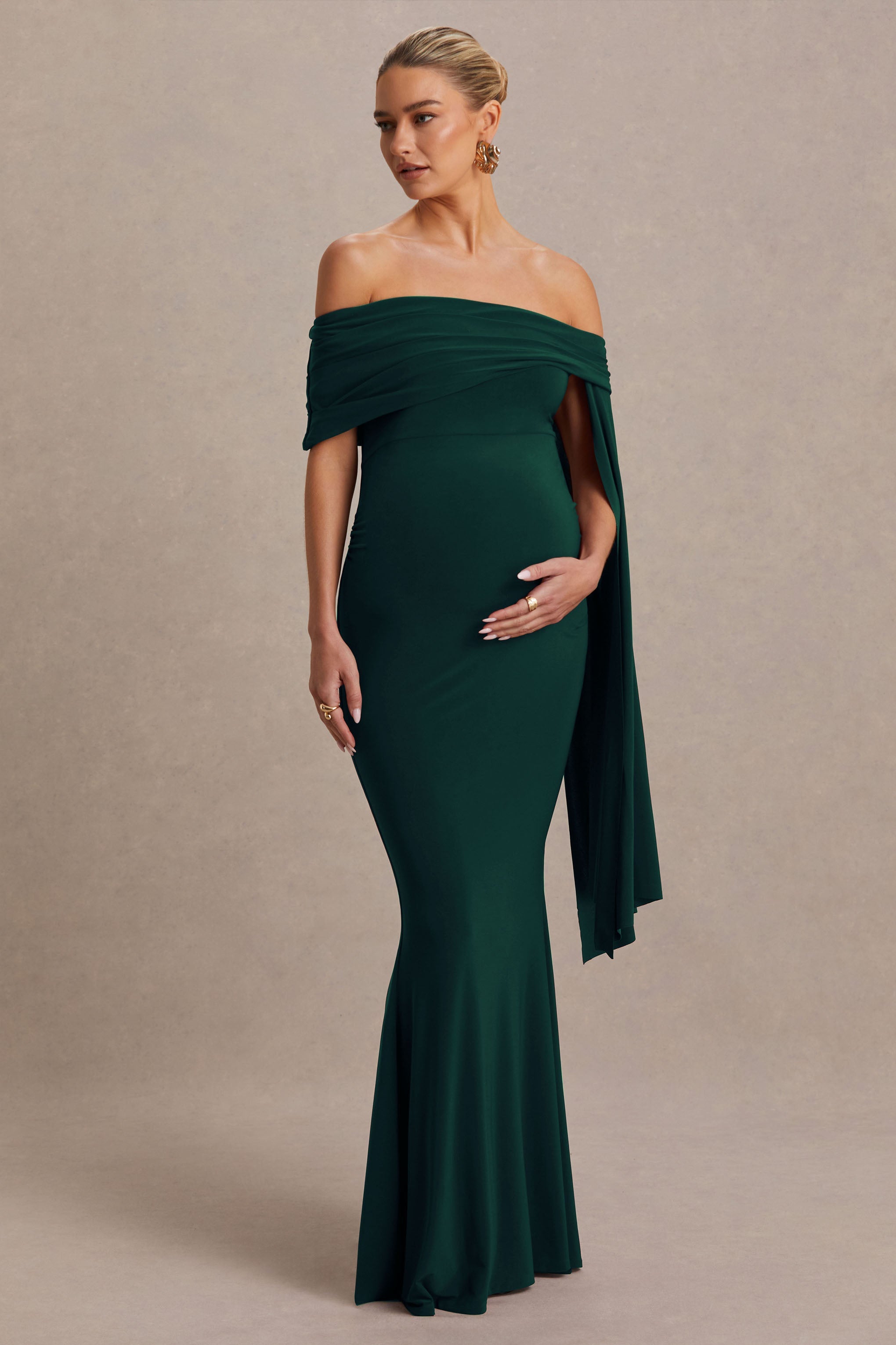 Aquila | Bottle Green Bardot Maternity Maxi Dress With Draped Detail