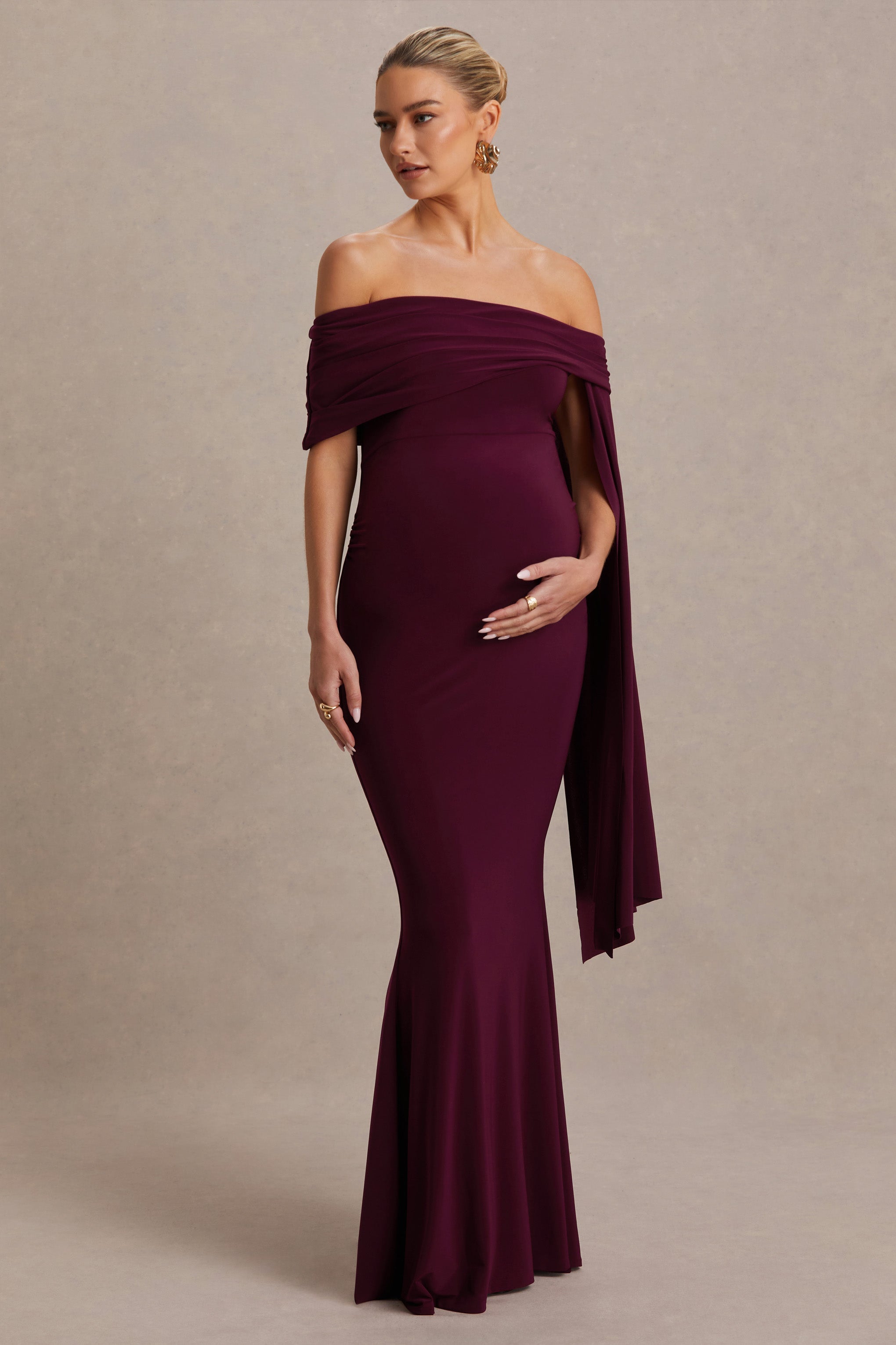 Aquila | Burgundy Bardot Maternity Maxi Dress With Draped Detail