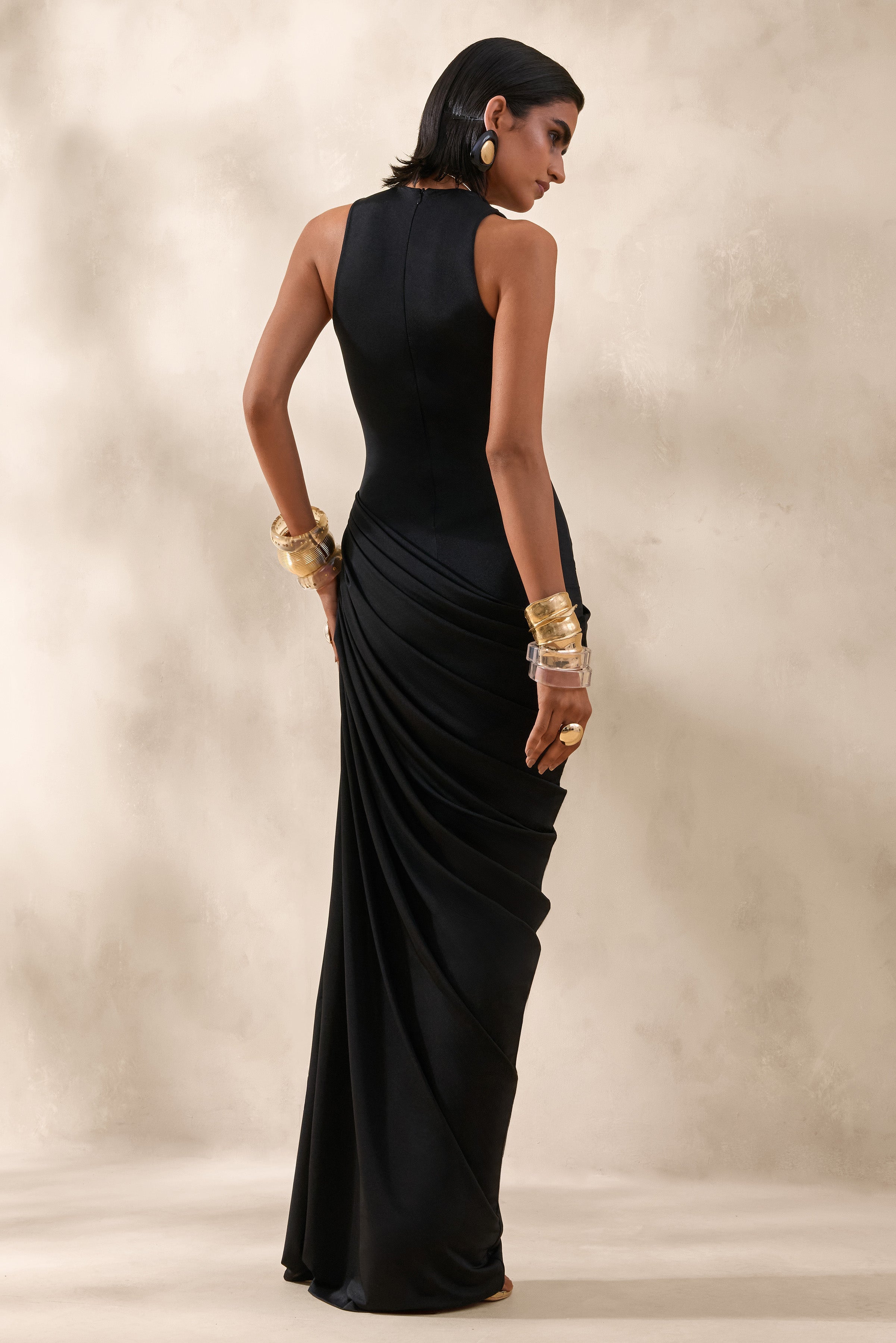 Mademoiselle | Black Cowl-Neck Maxi Dress With Draped Detailing