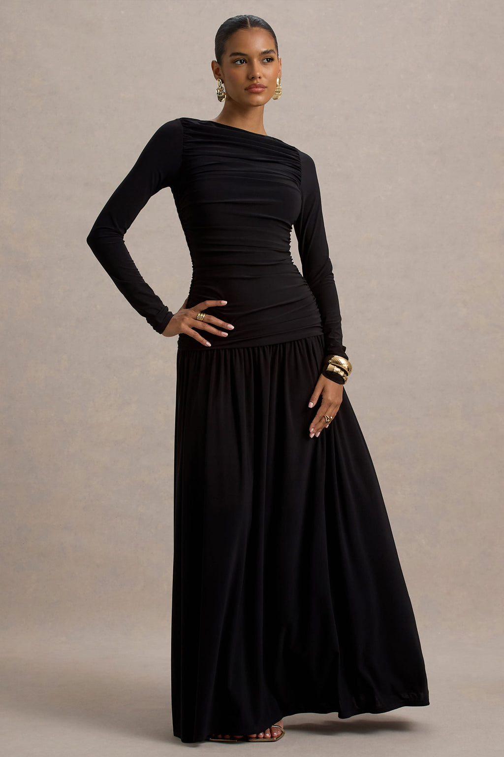 Aniyah | Black High-Neck Maxi Dress With Ruched Detailing