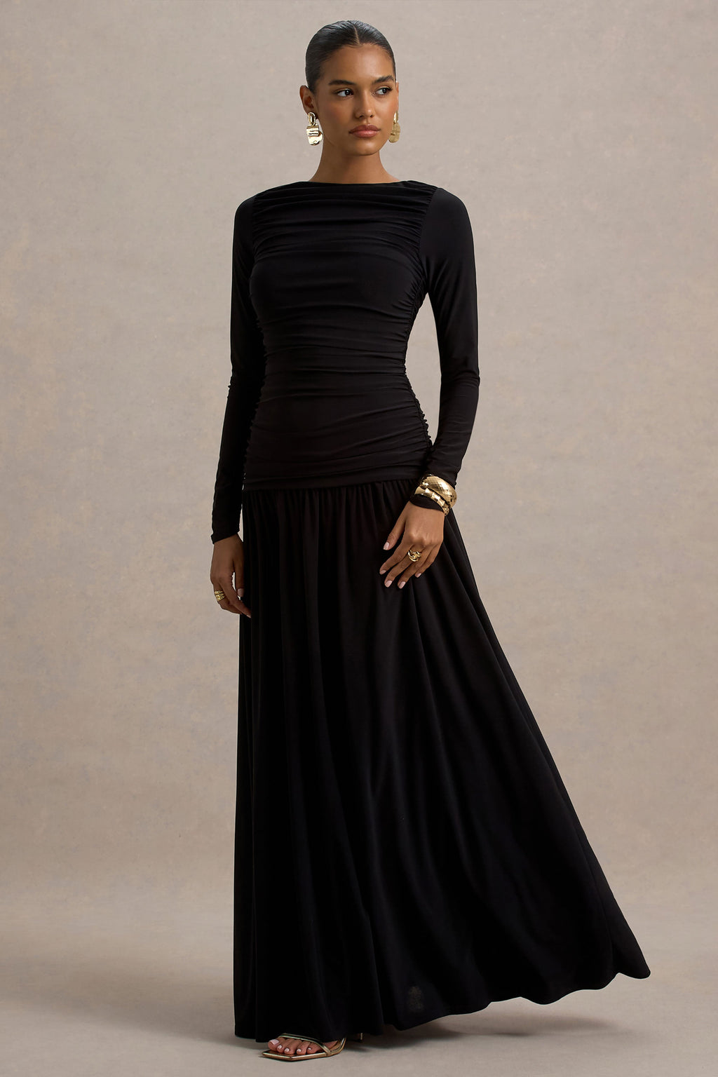 Aniyah | Black High-Neck Maxi Dress With Ruched Detailing