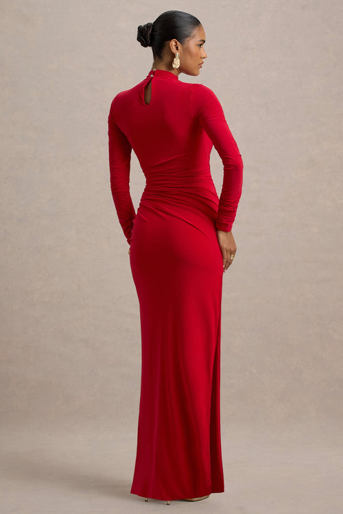 Alluring | Red High Neck Maxi Dress With Ruched Detailing