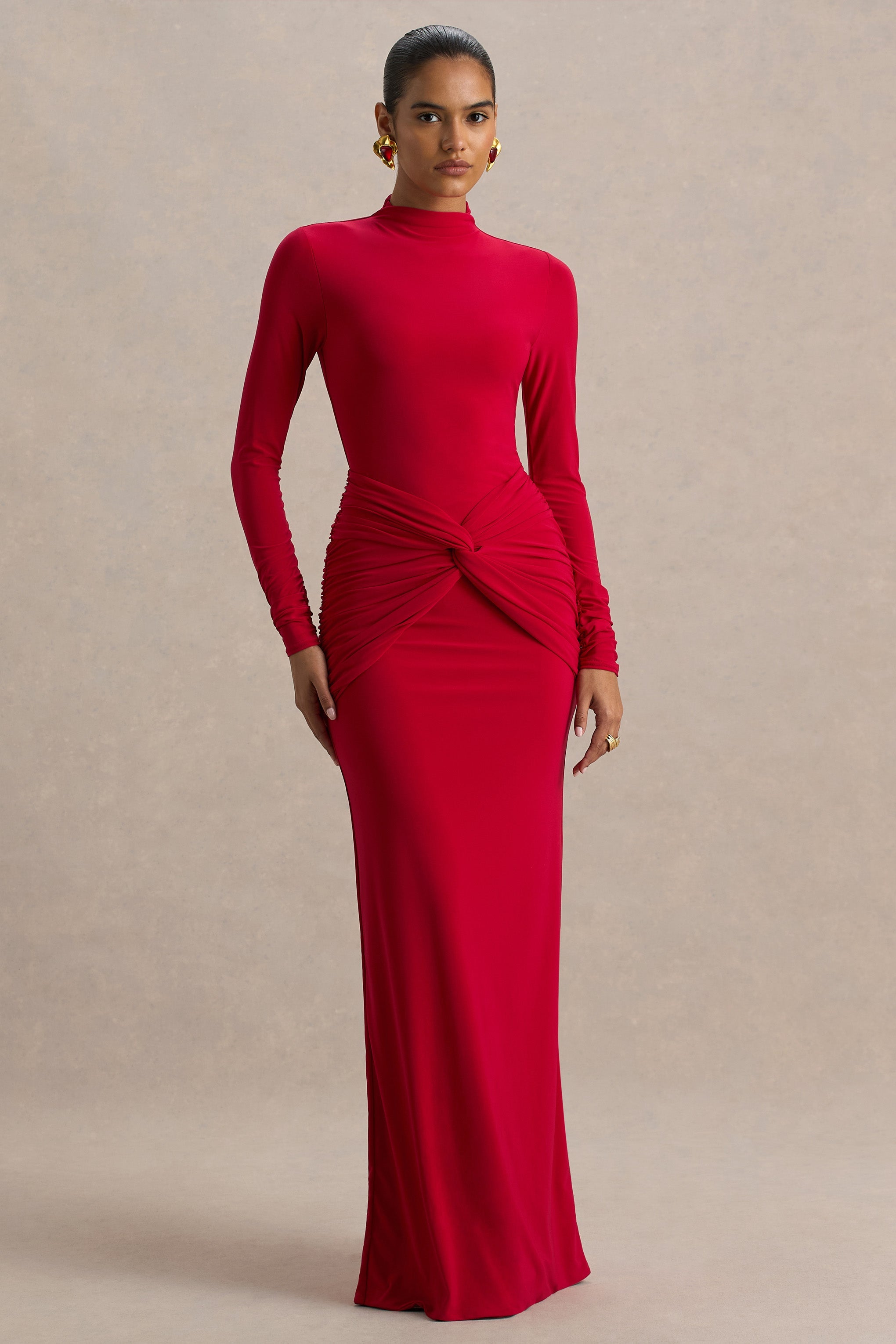 Alula | Red High-Neck Maxi Dress With Twist Detail