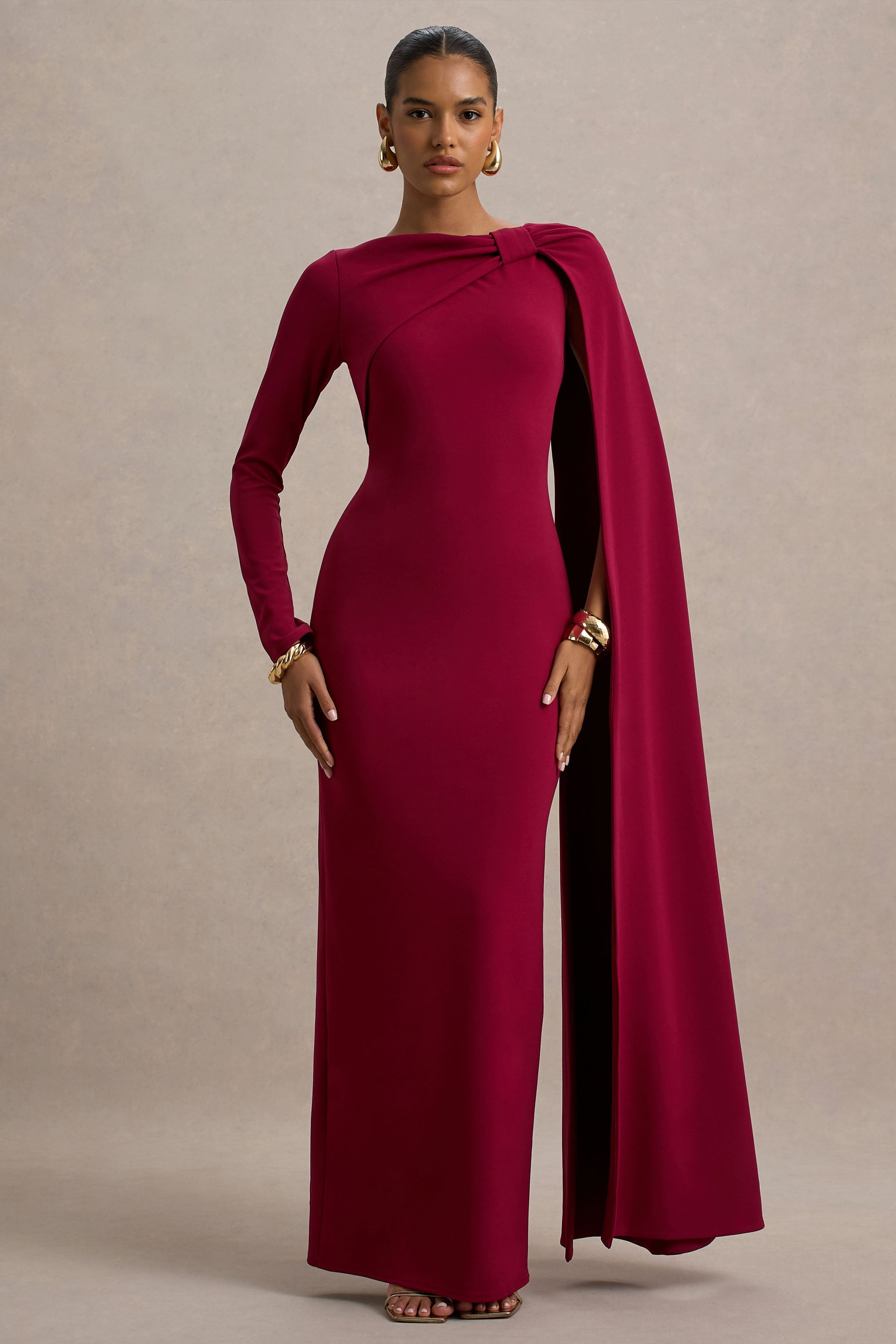 Frances | Burgundy High-Neck Maxi Dress With Cape Detail