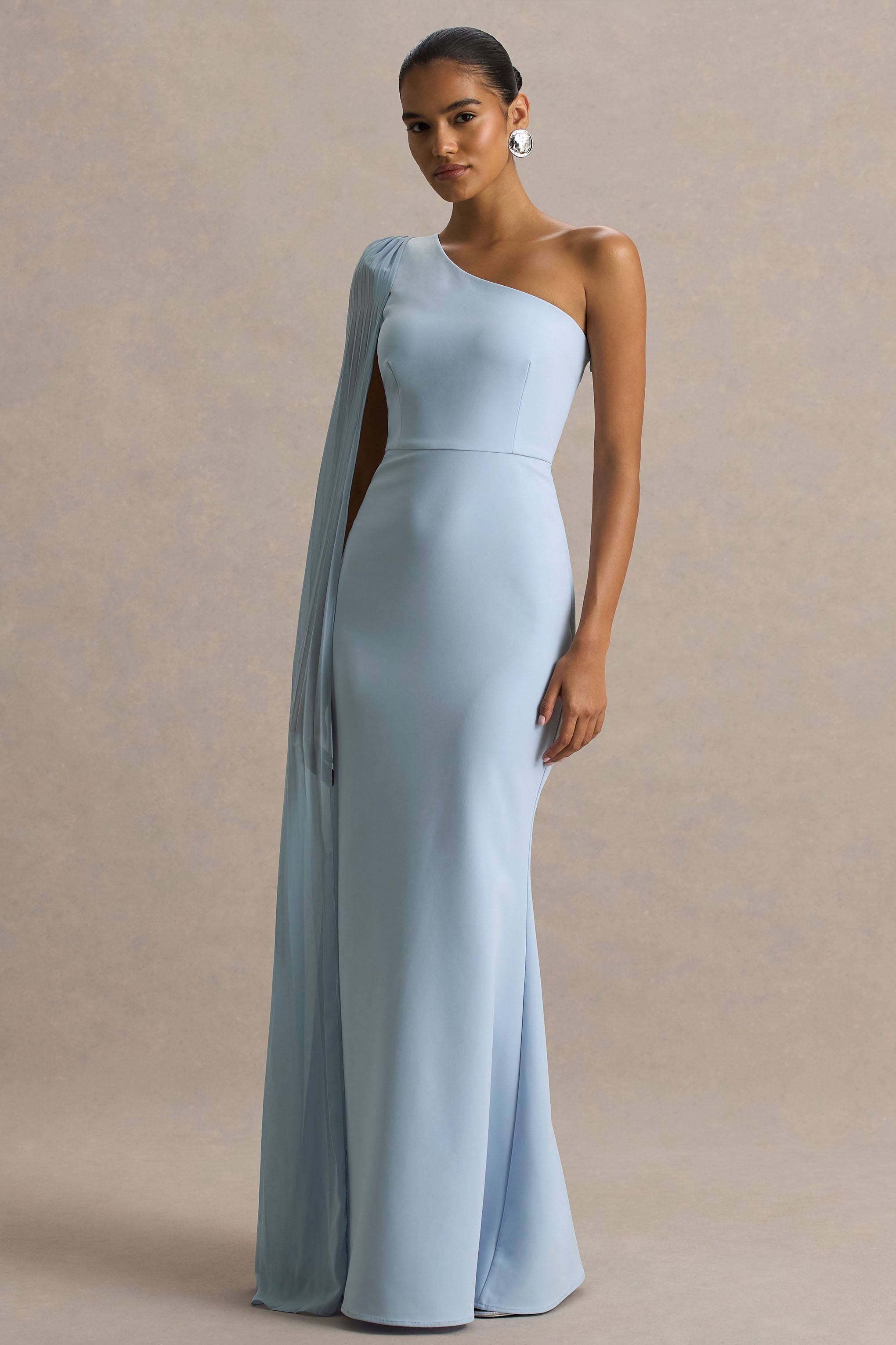 Athens | Powder Blue Asymmetric-Neck Maxi Dress With Cape Sleeve Detail