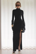 Betsy | Black High-Neck Maxi Dress With Front Split And Ruched Detailing