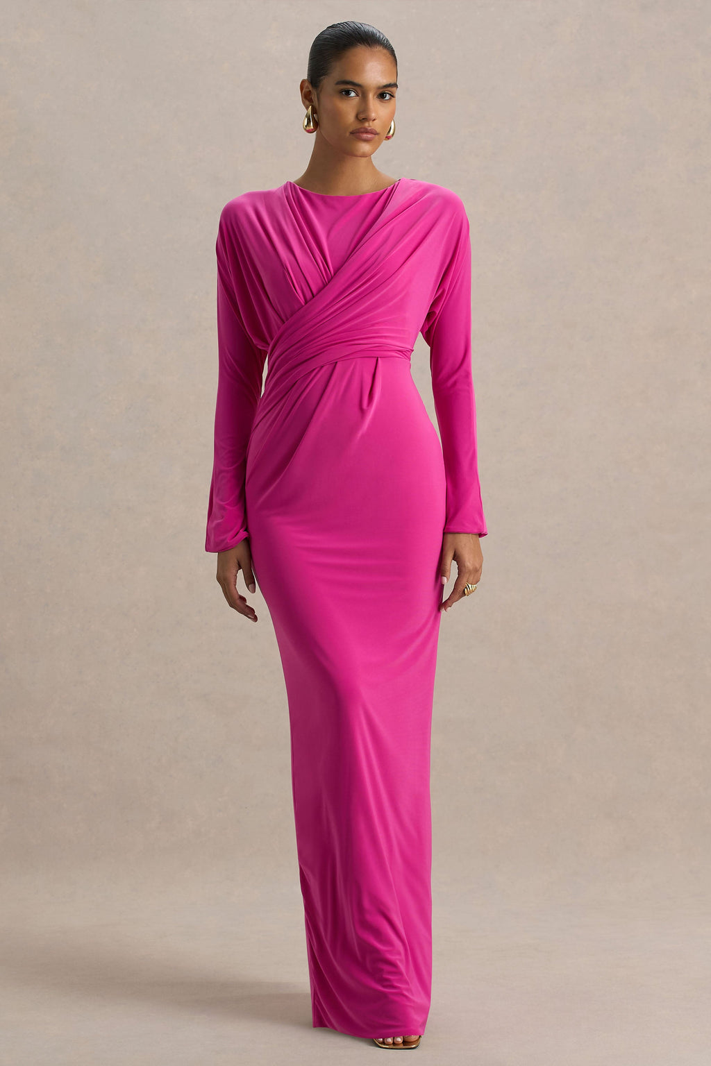 Regina | Hot Pink Slashed-Neck Draped Wrap Maxi Dress