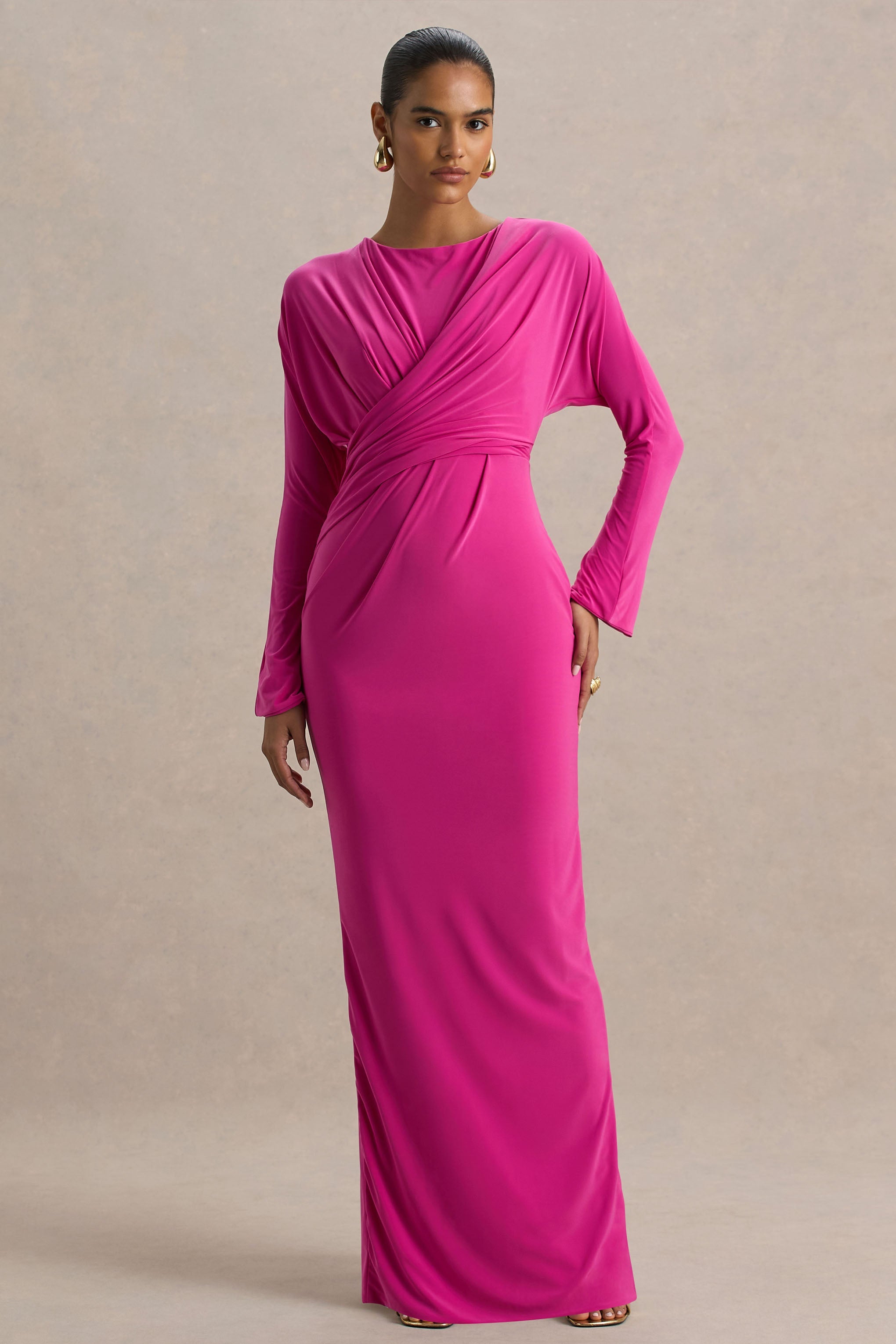 Regina | Hot Pink Slashed-Neck Draped Wrap Maxi Dress