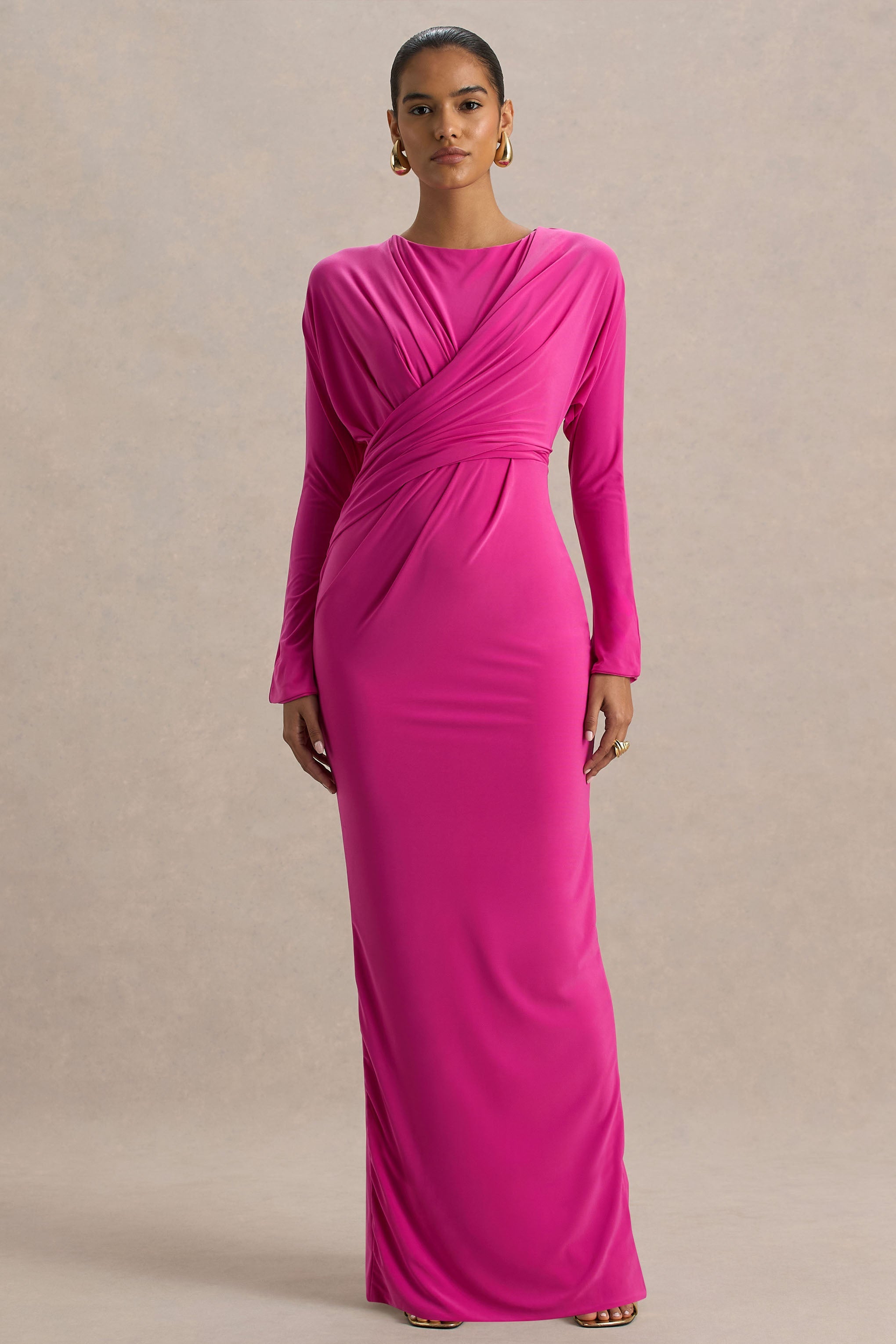 Regina | Hot Pink Slashed-Neck Draped Wrap Maxi Dress