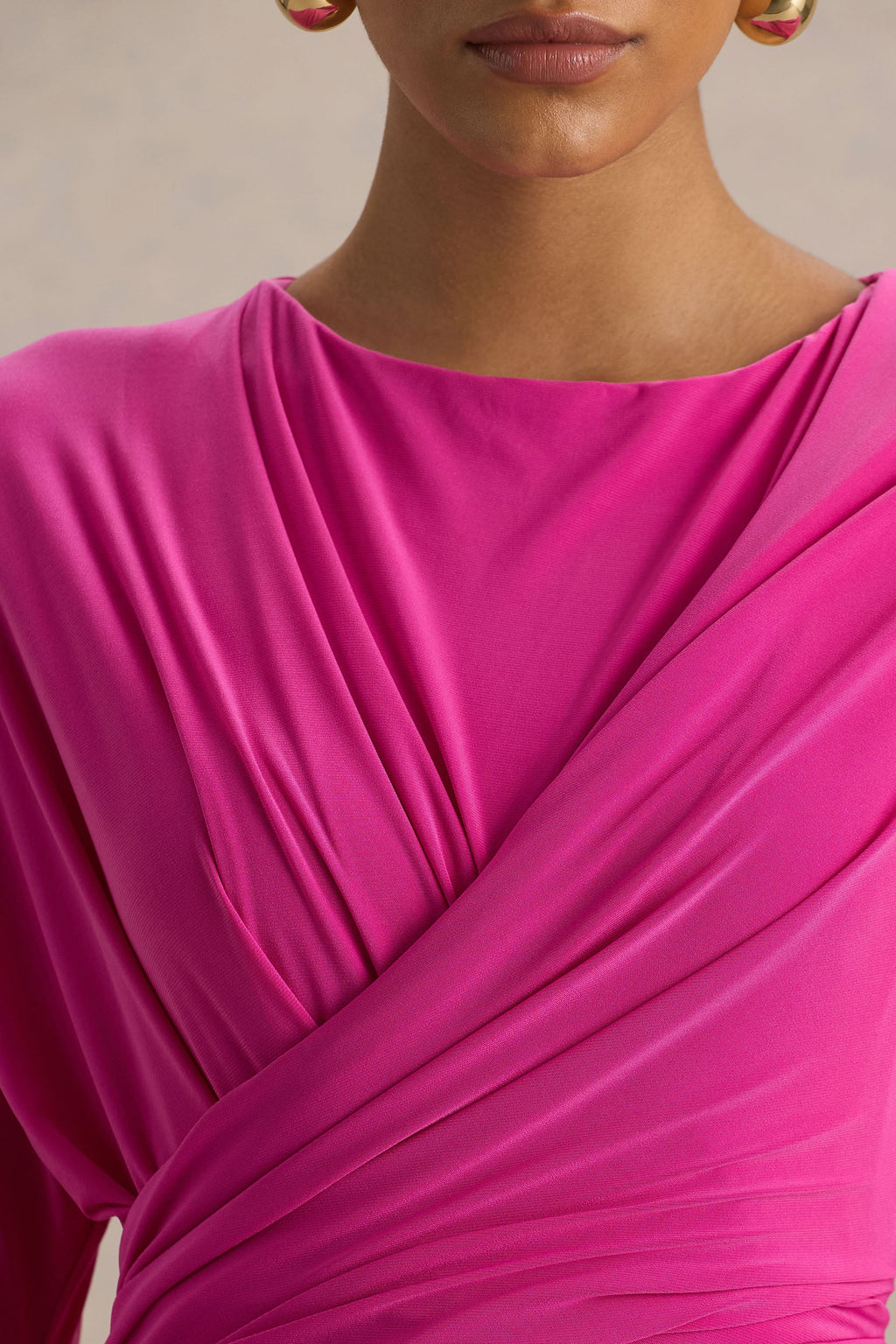Regina | Hot Pink Slashed-Neck Draped Wrap Maxi Dress
