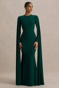 Isla | Bottle Green Crew-Neck Maxi Dress With Cape Sleeve