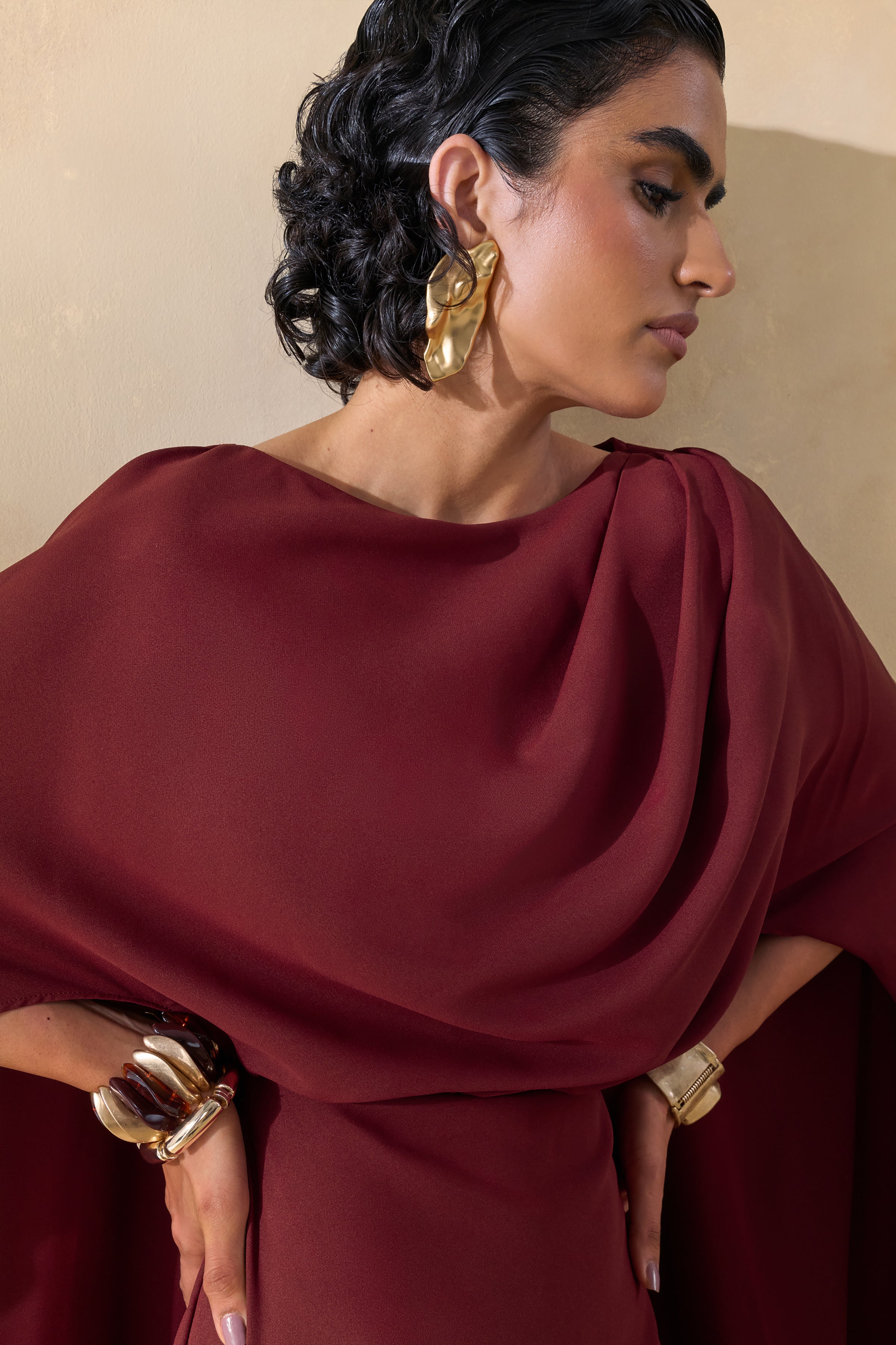 Pristina | Burgundy Boat-Neck Woven Maxi Dress With Cape Detail