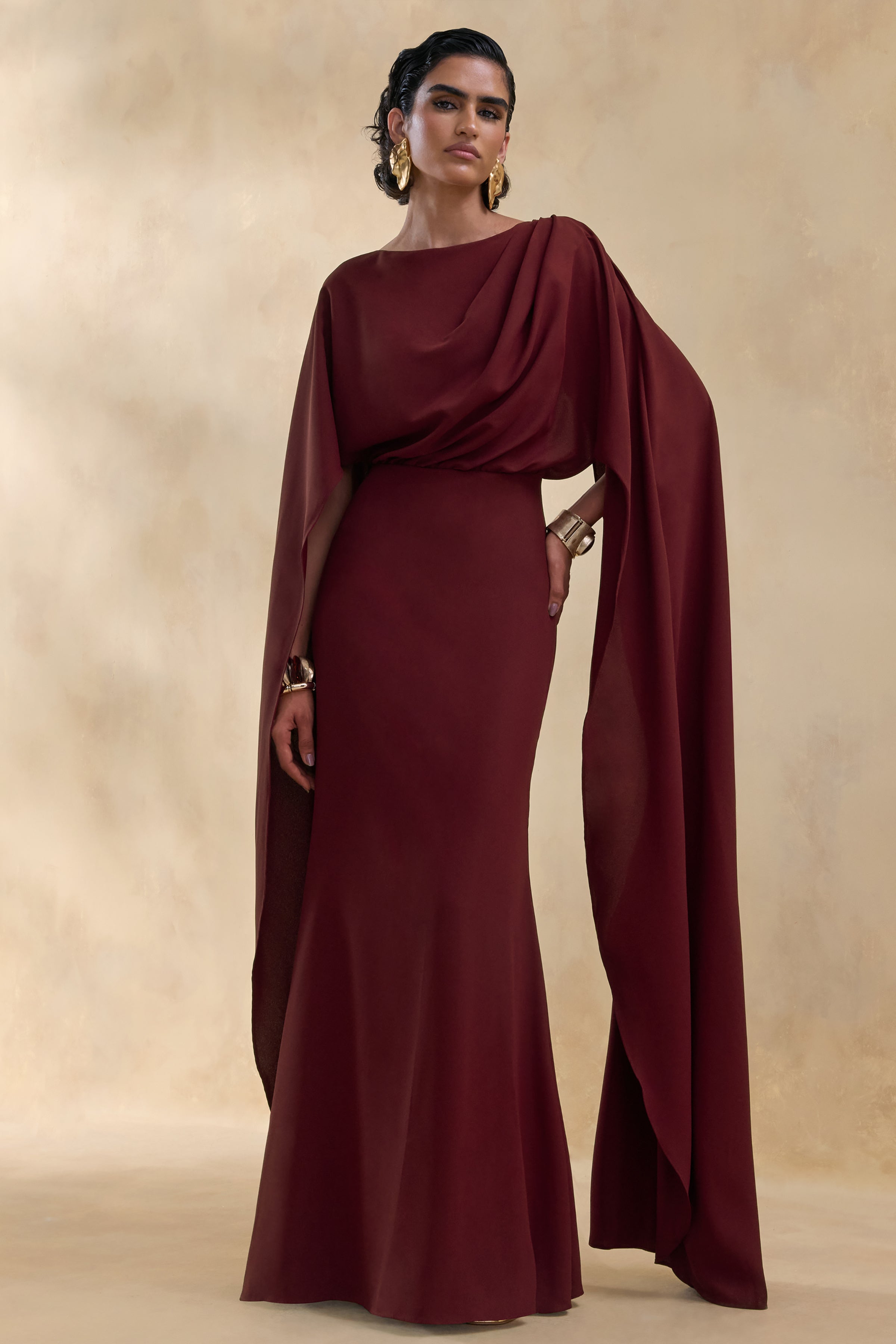 Pristina | Burgundy Boat-Neck Woven Maxi Dress With Cape Detail