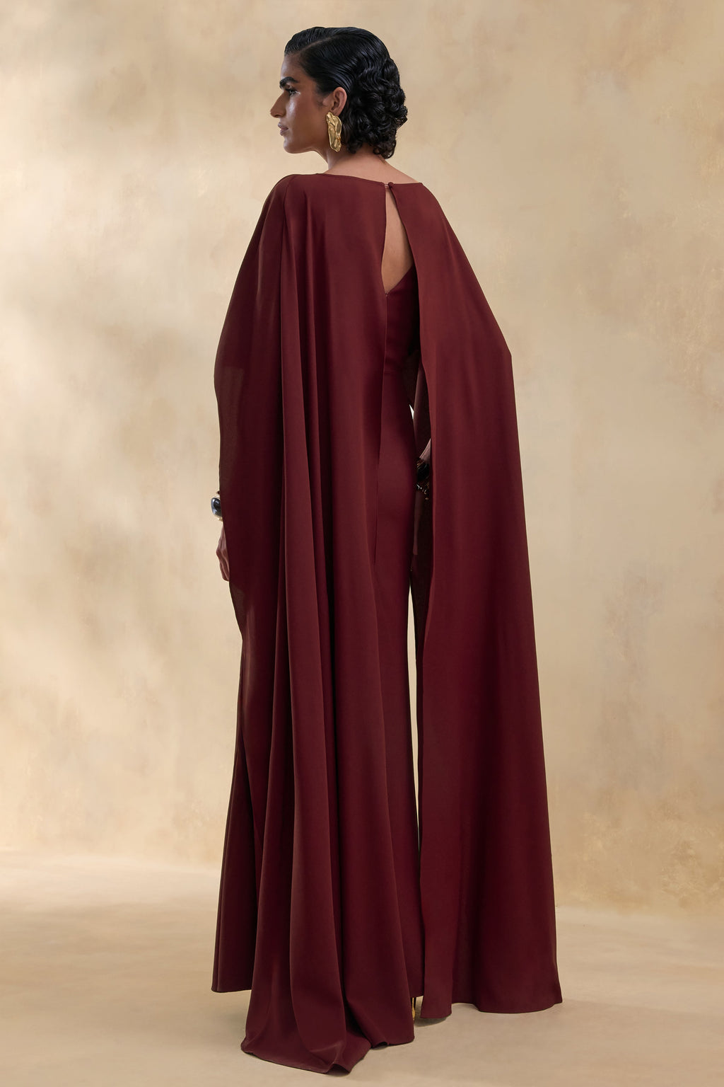 Pristina | Burgundy Boat-Neck Woven Maxi Dress With Cape Detail