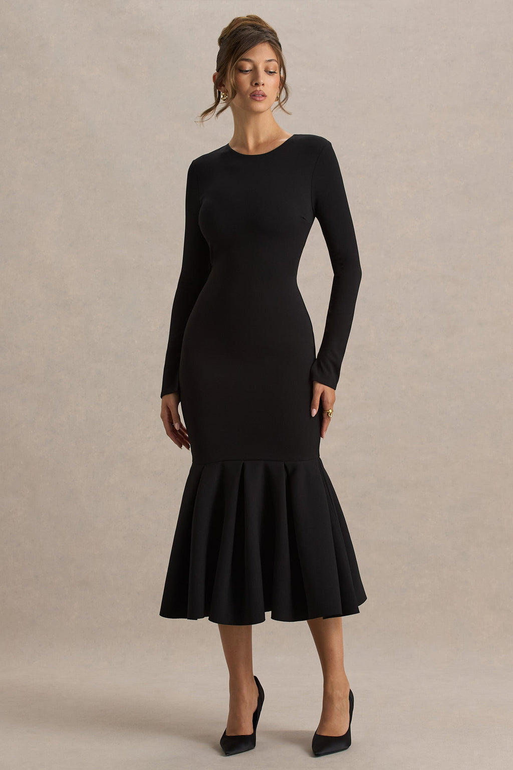 Liberty | Black High Neck Mermaid Midi Dress With Ruffling Detail