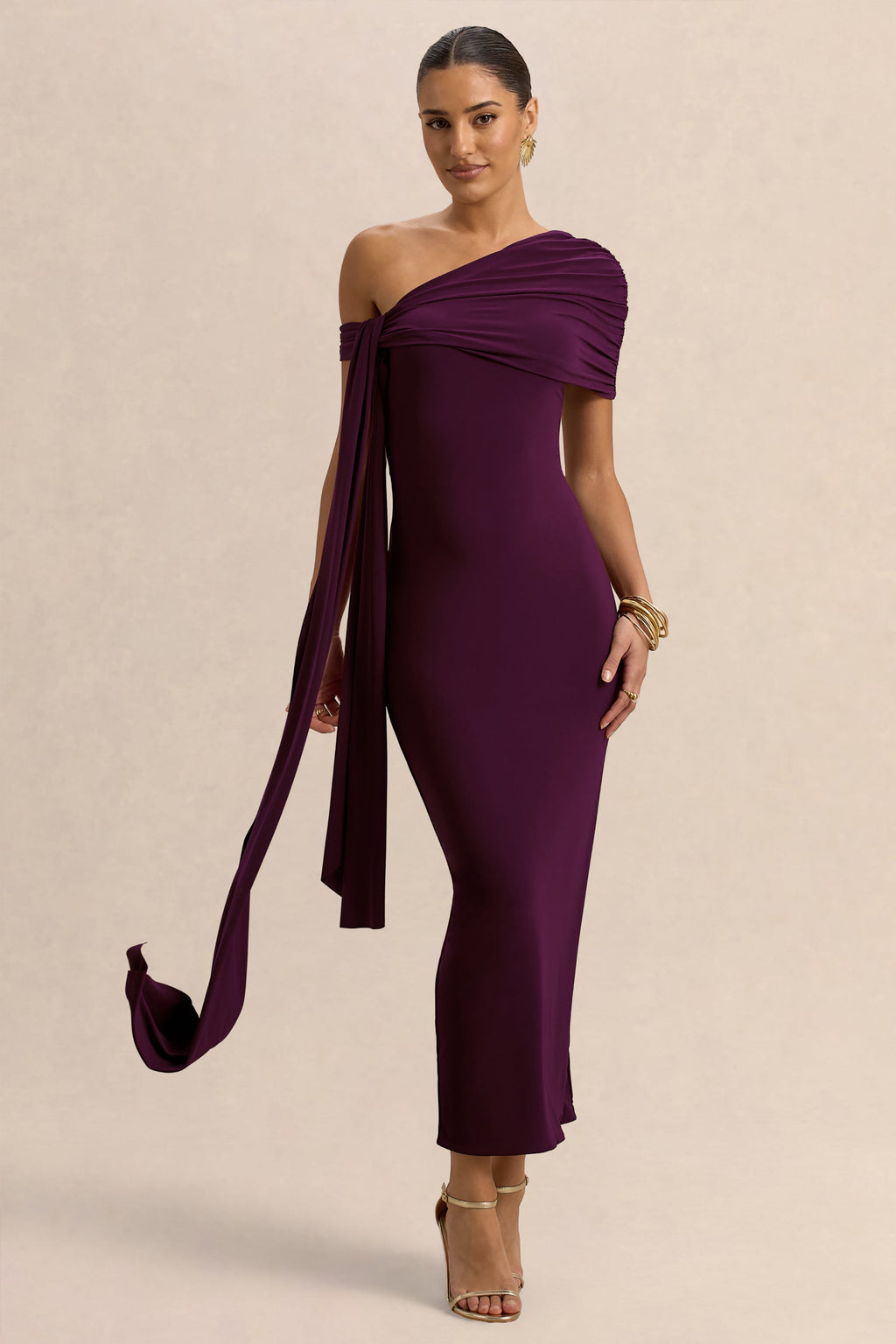 Praia | Plum Asymmetric-Neck Midi Dress With Sash and Draped Detailing