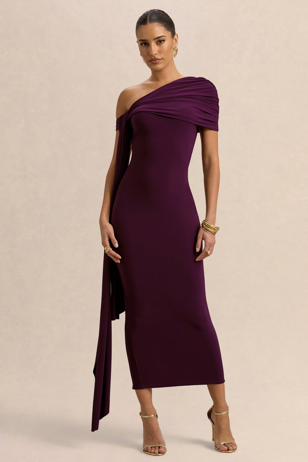Praia | Plum Asymmetric-Neck Midi Dress With Sash and Draped Detailing