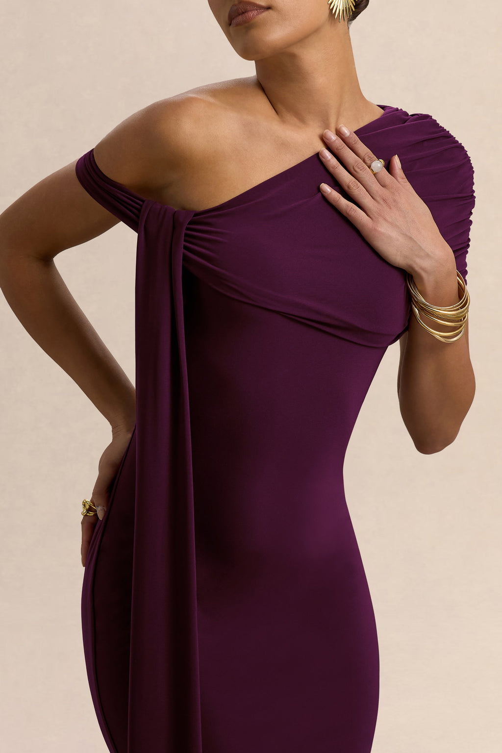Praia | Plum Asymmetric-Neck Midi Dress With Sash and Draped Detailing