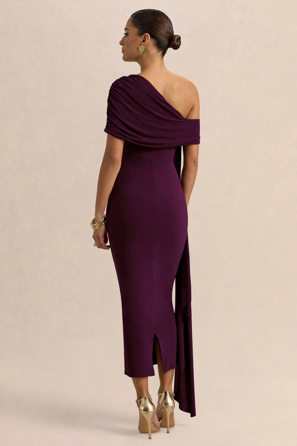 Praia | Plum Asymmetric-Neck Midi Dress With Sash and Draped Detailing