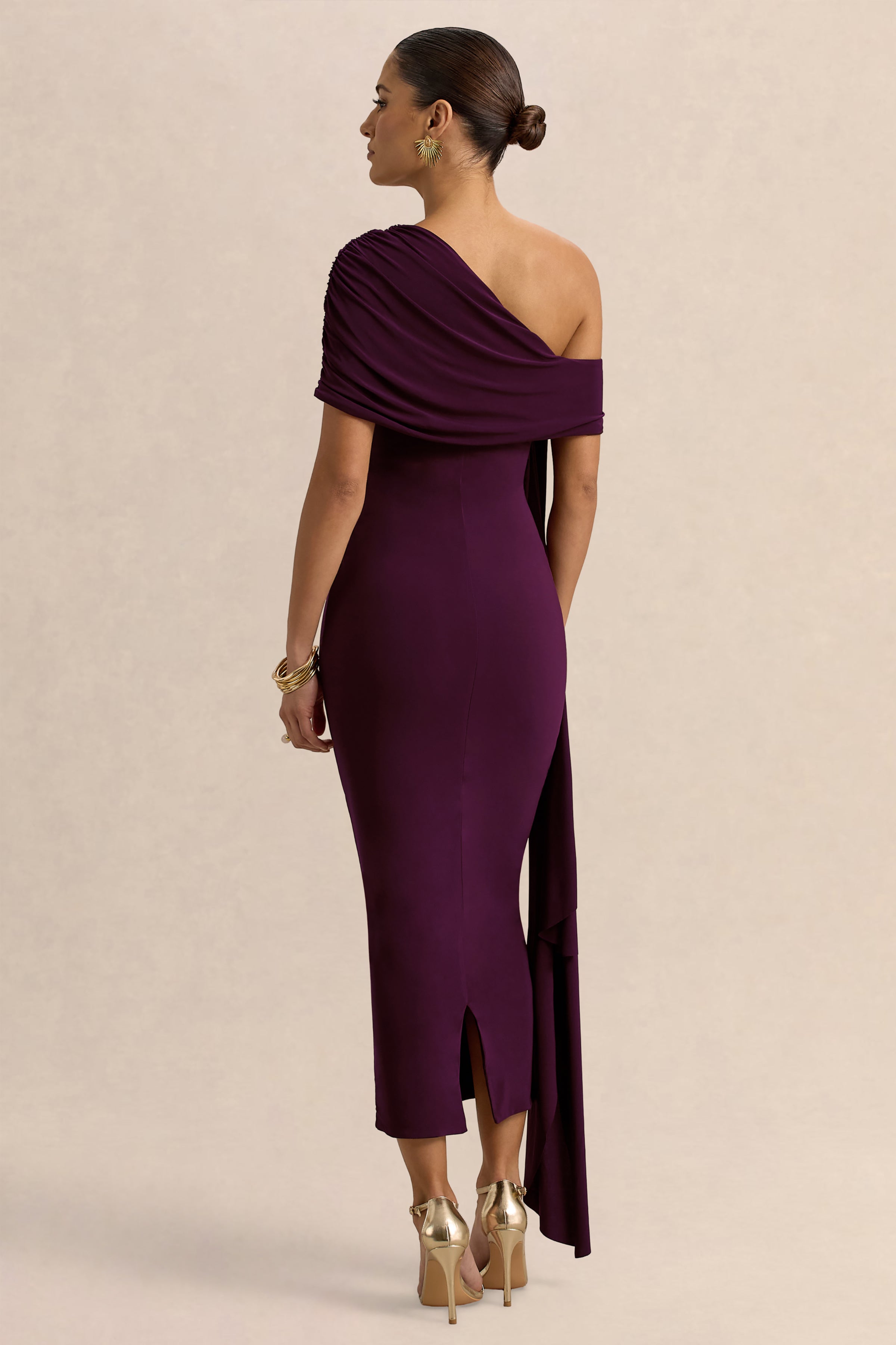 Praia | Plum Asymmetric-Neck Midi Dress With Sash and Draped Detailing