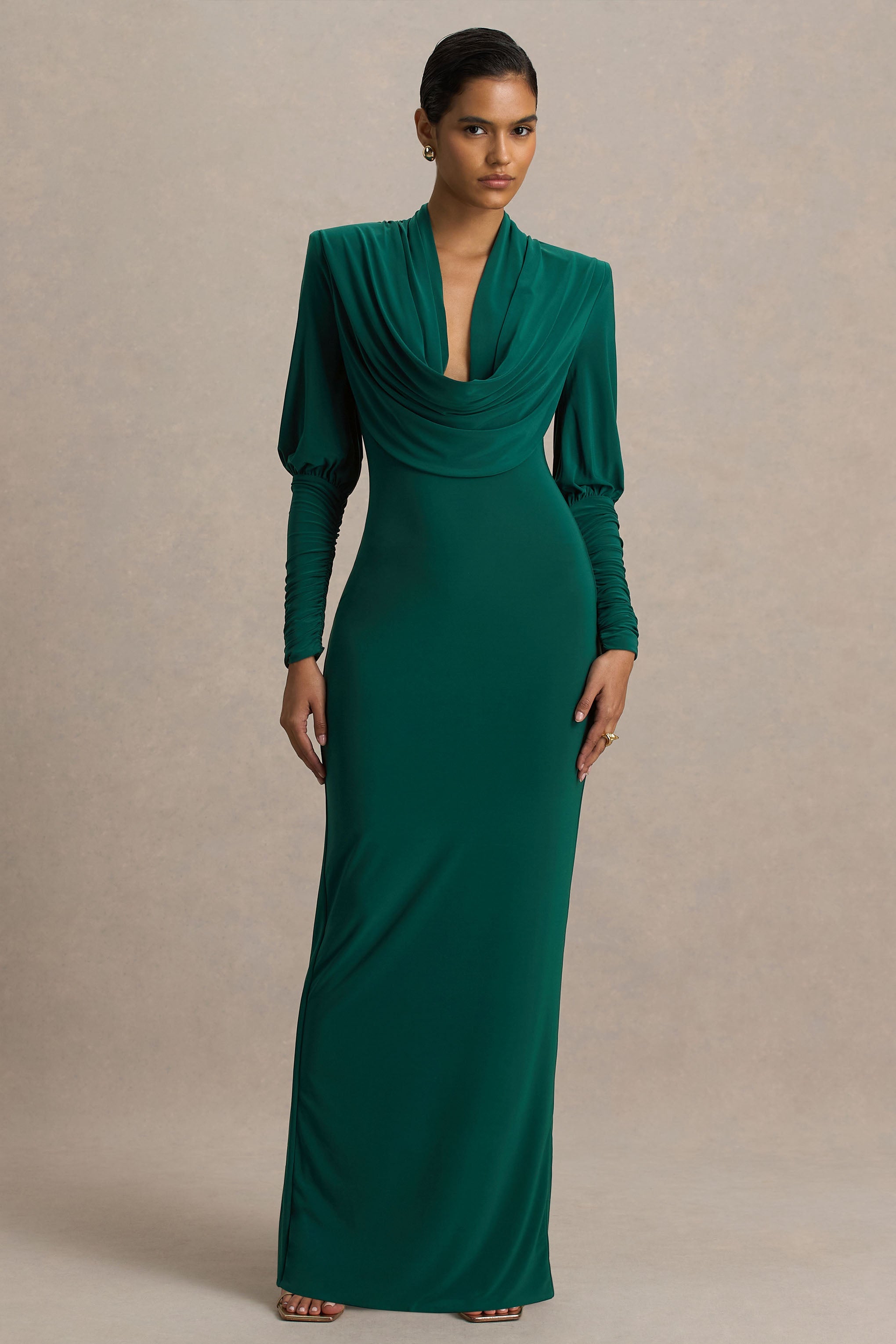 Kaylee | Bottle Green Cowl-Neck Maxi Dress With Draping Details