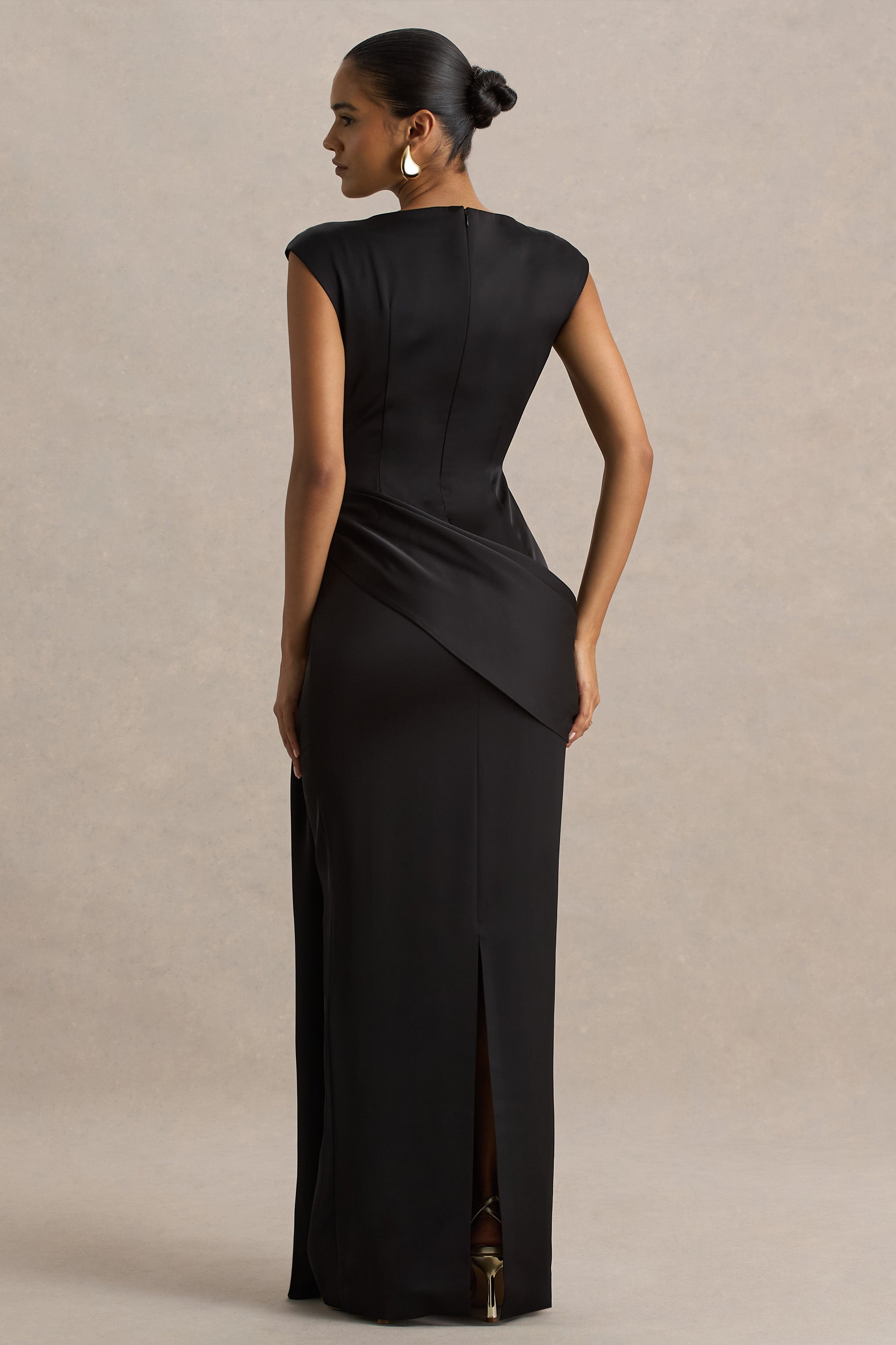 Influence | Black Satin Slashed-Neck Maxi Dress With Embellished Detail And Sash