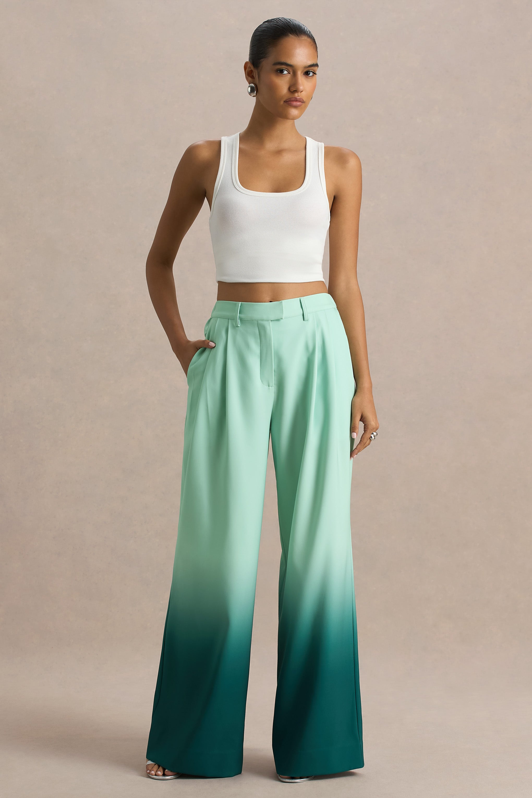Safia | Emerald Ombre Satin Wide-Leg Trousers