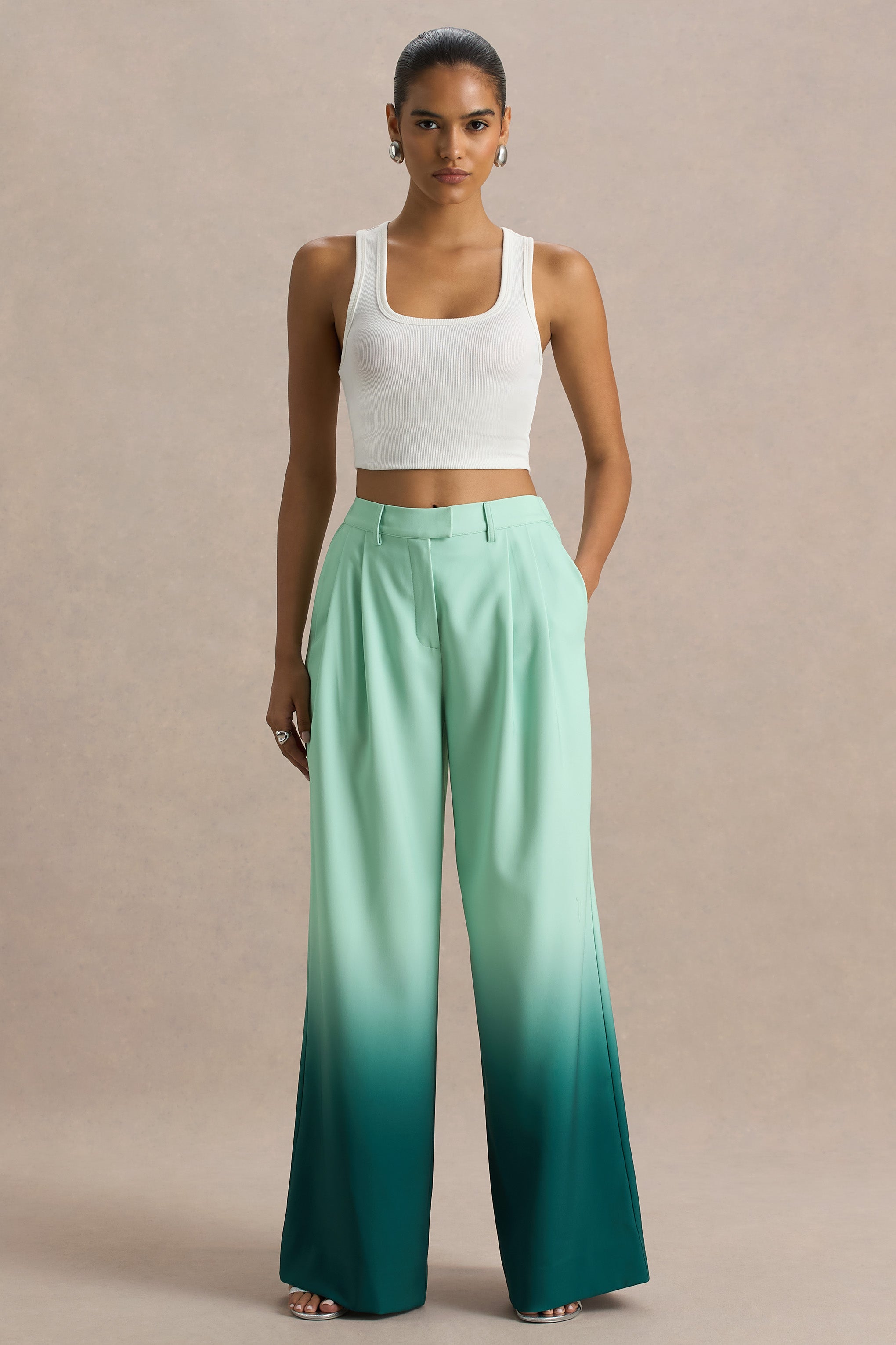 Safia | Emerald Ombre Satin Wide-Leg Trousers