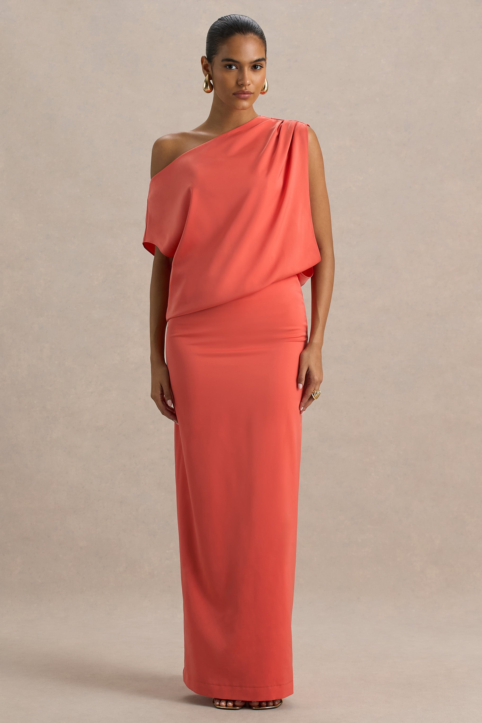 Ronnie | Coral Satin Asymmetric-Neck Maxi Dress With Draping Detail