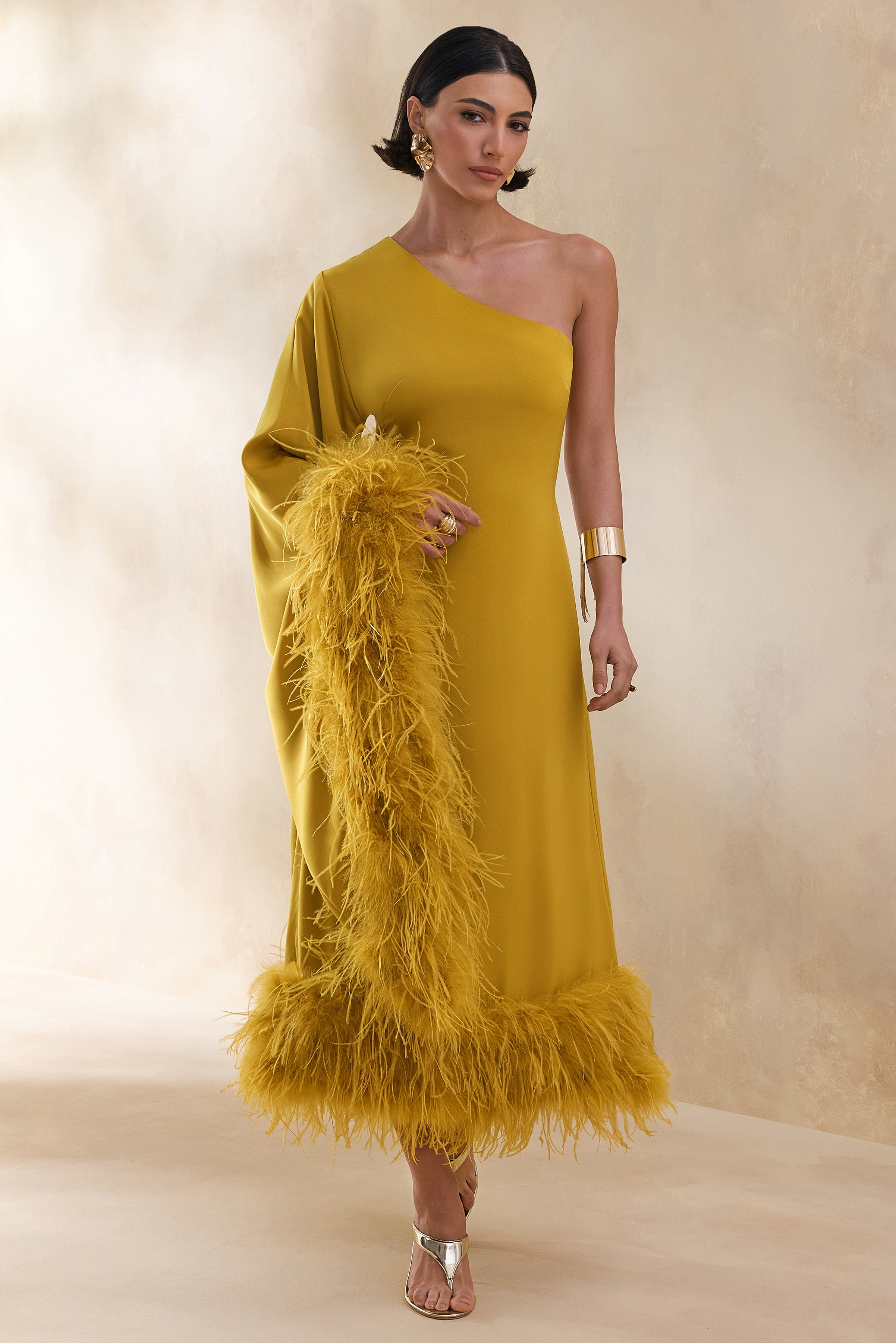 Destiny | Yellow Satin Asymmetric-Neck Midi Dress With Feather Details