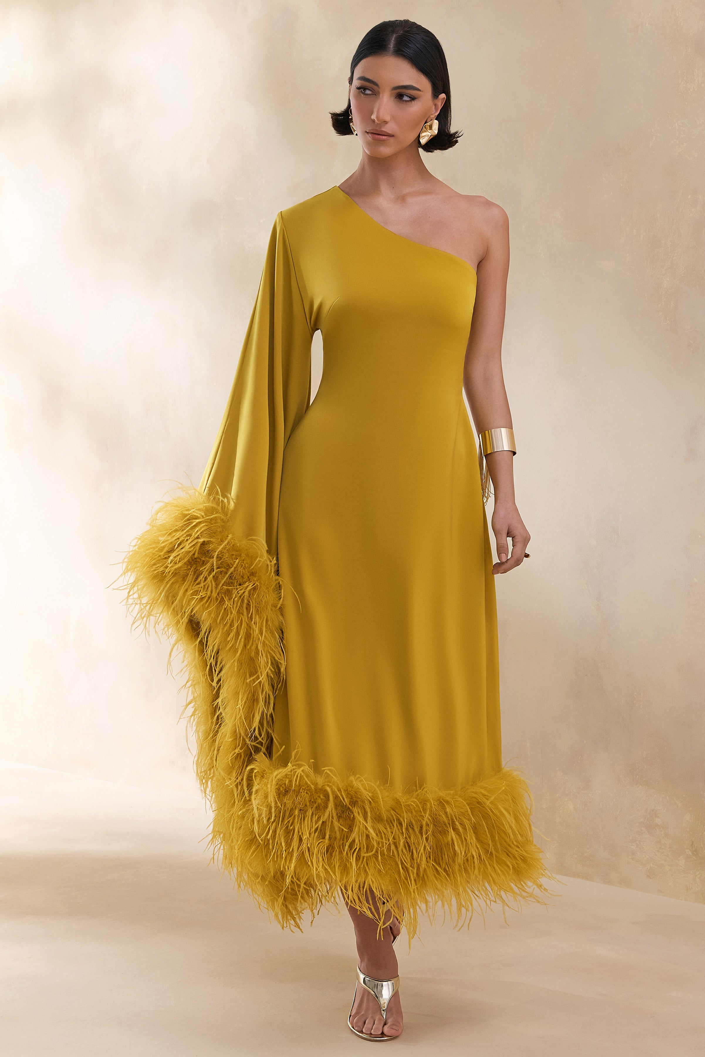 Destiny | Yellow Satin Asymmetric-Neck Midi Dress With Feather Details