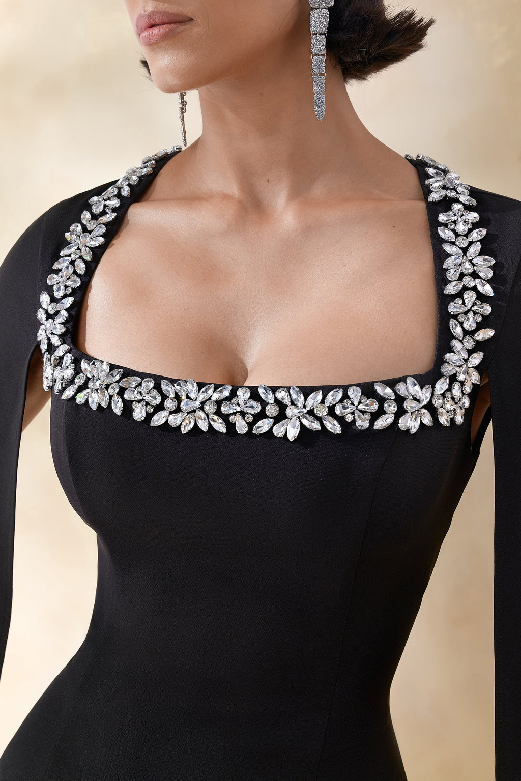 Glossy | Black Woven Square-Neck Maxi Dress With Cape Sleeves and Hand-Embellished Detail